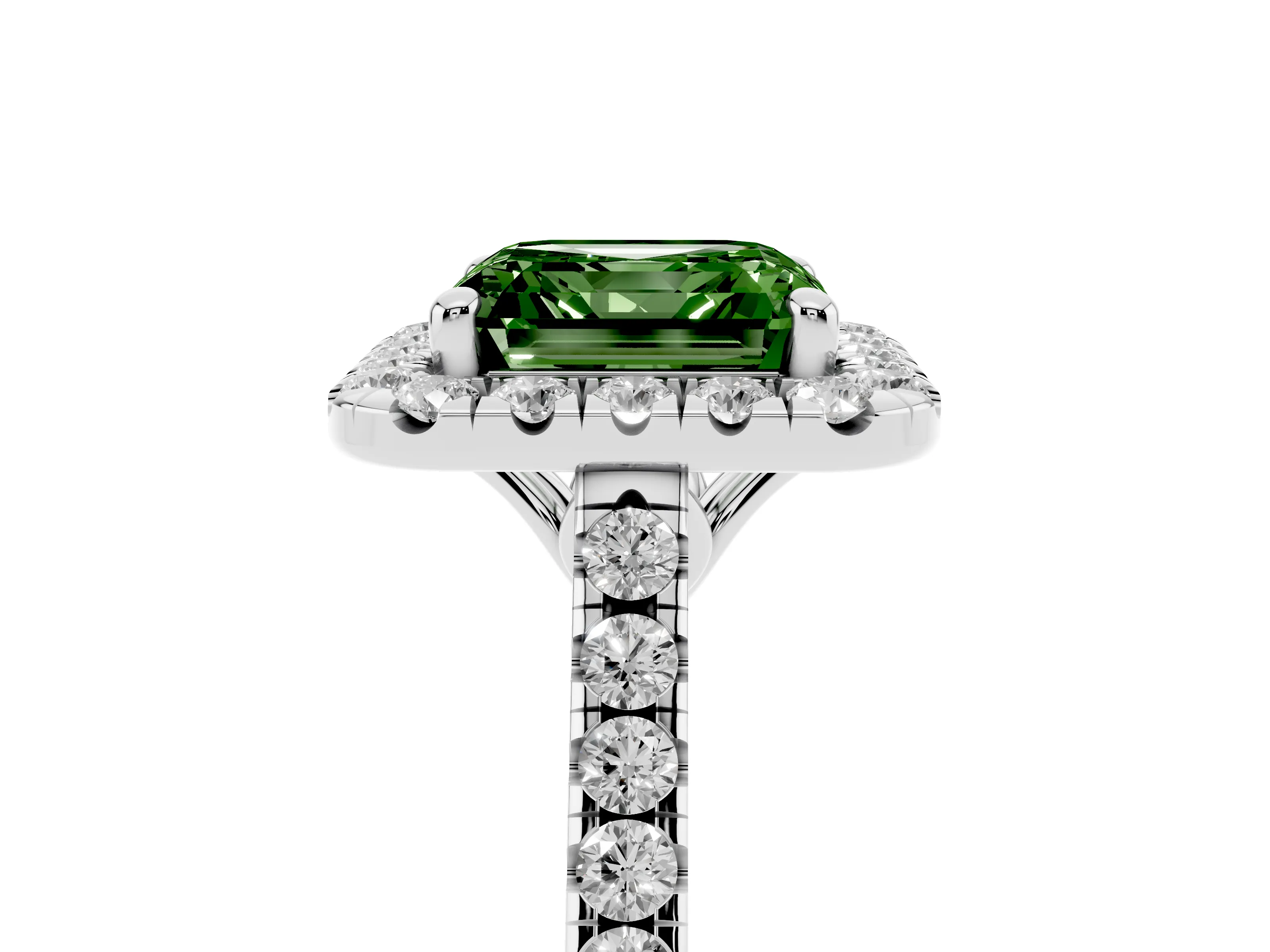 Fancy Green Asscher Cut Diamond Pavé Halo Engagement Ring Set in White gold with Pavé Band and Prong Setting