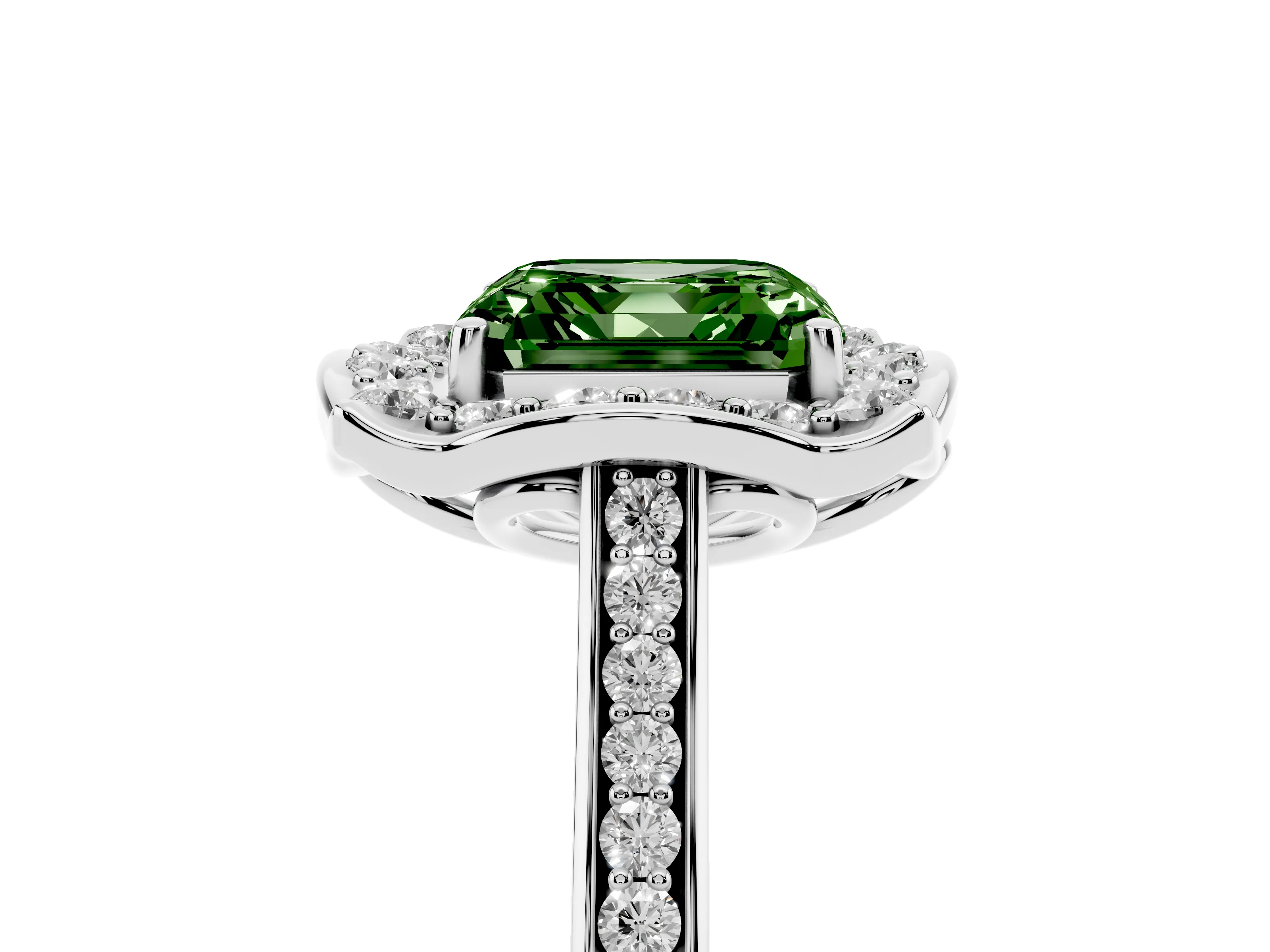 Fancy Green Asscher Cut Diamond Halo Ring Set in Silver with Pavé-Lined Shoulders and Prong Setting