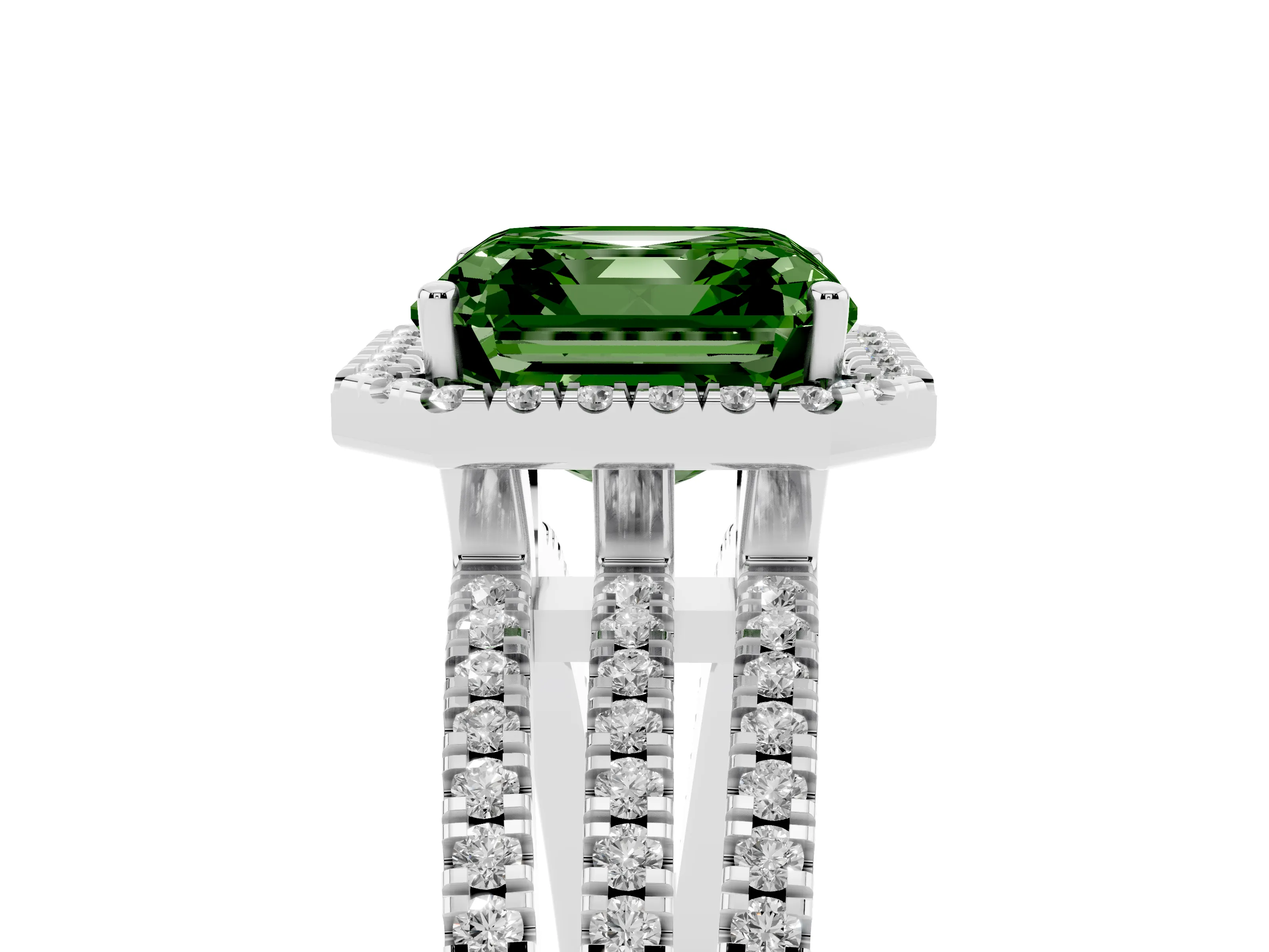 Fancy Green Asscher Cut Diamond Halo Split Shank Engagement Ring Set in Silver with Prong Setting