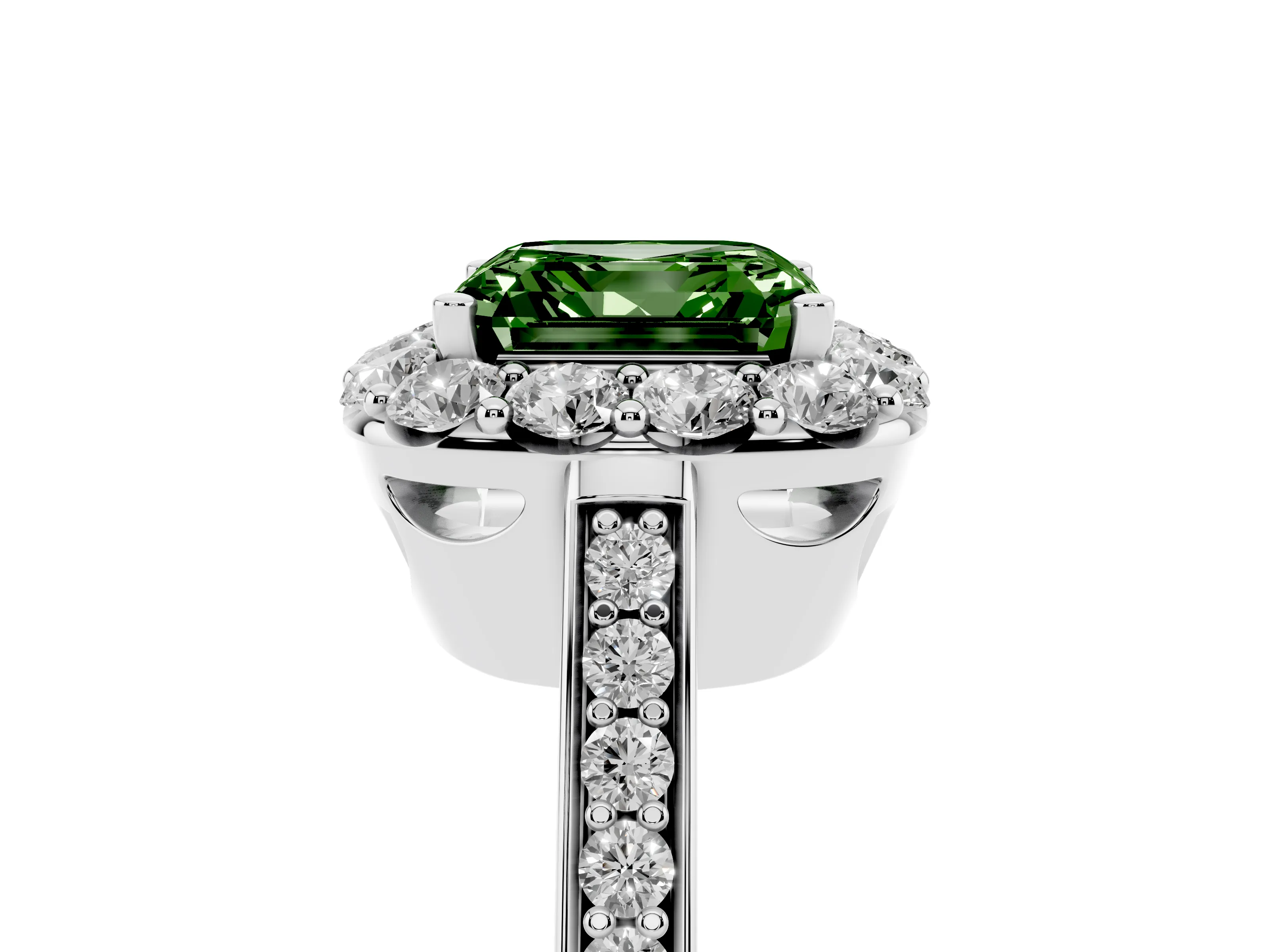 Fancy Green Asscher Cut Diamond Floral Halo Ring Set in Platinum with Pavé Band and Prong Setting