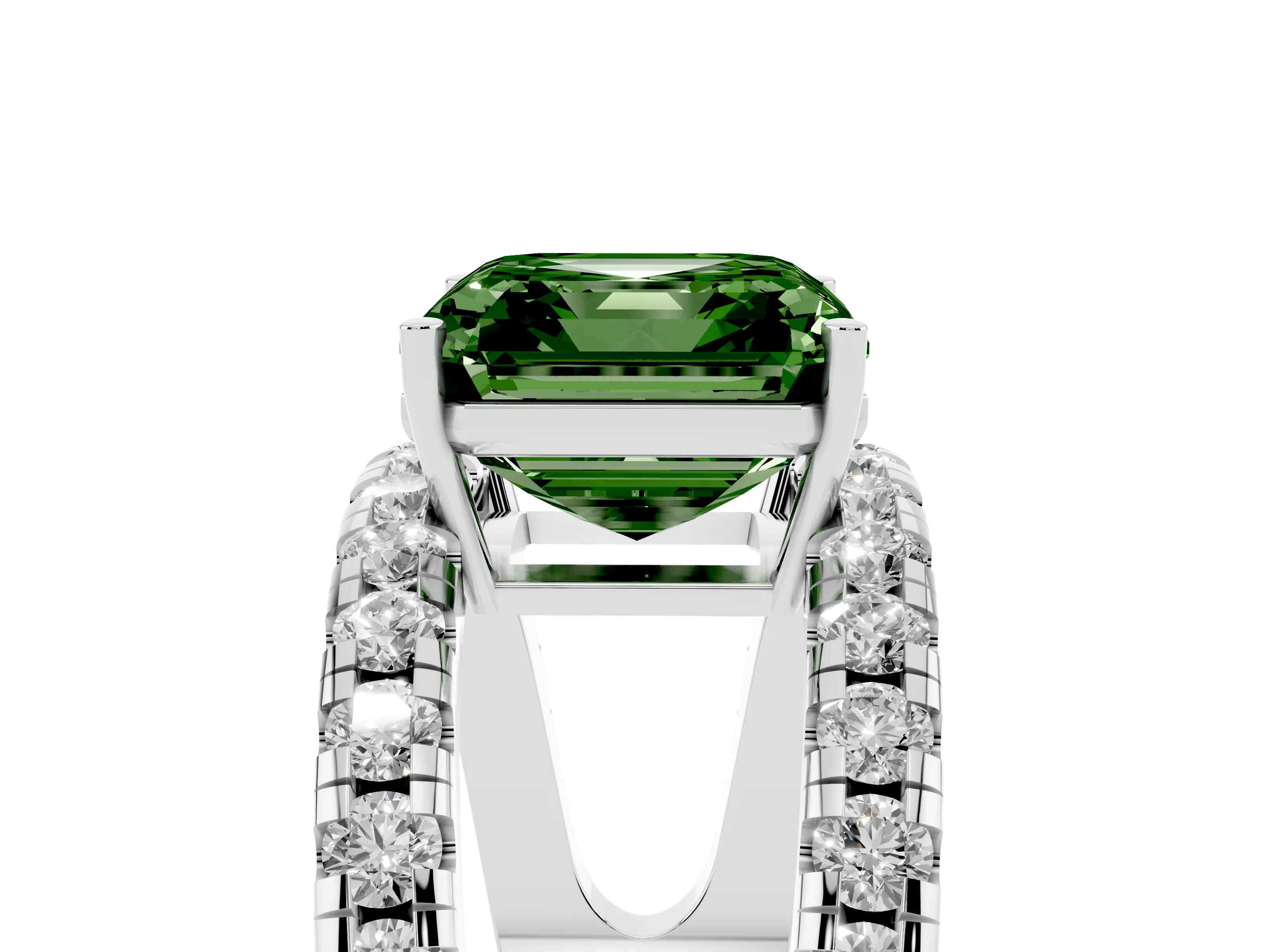Fancy Green Asscher Cut Diamond Split Shank Pavé Solitaire Ring Set in Platinum with Open Shank Design