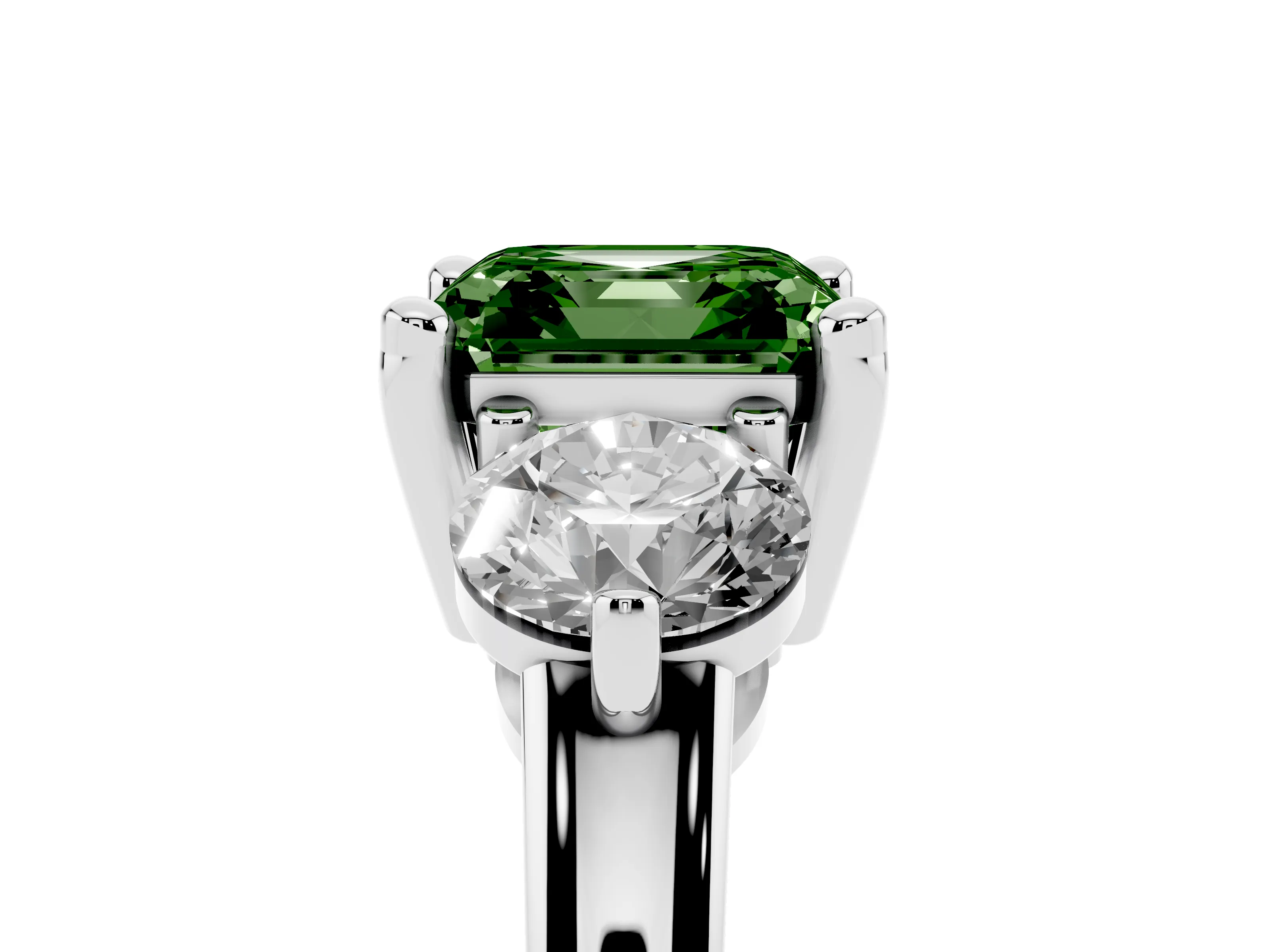 Fancy Green Asscher Cut Diamond Three-Stone Ring Set in White gold with Prong Setting and Classic Band