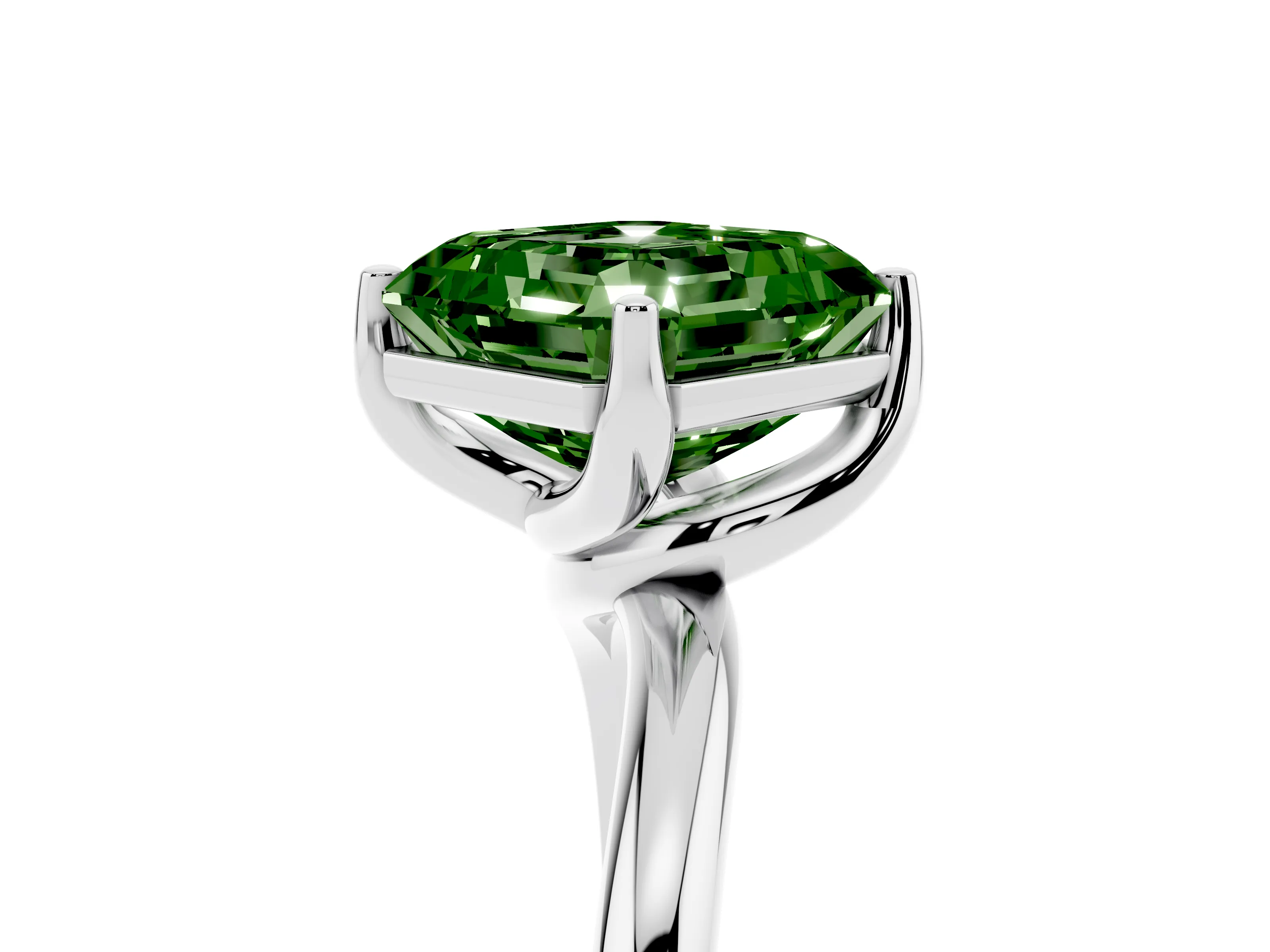 Fancy Green Asscher Cut Diamond Solitaire Engagement Ring Set in White gold with Classic Plain Band