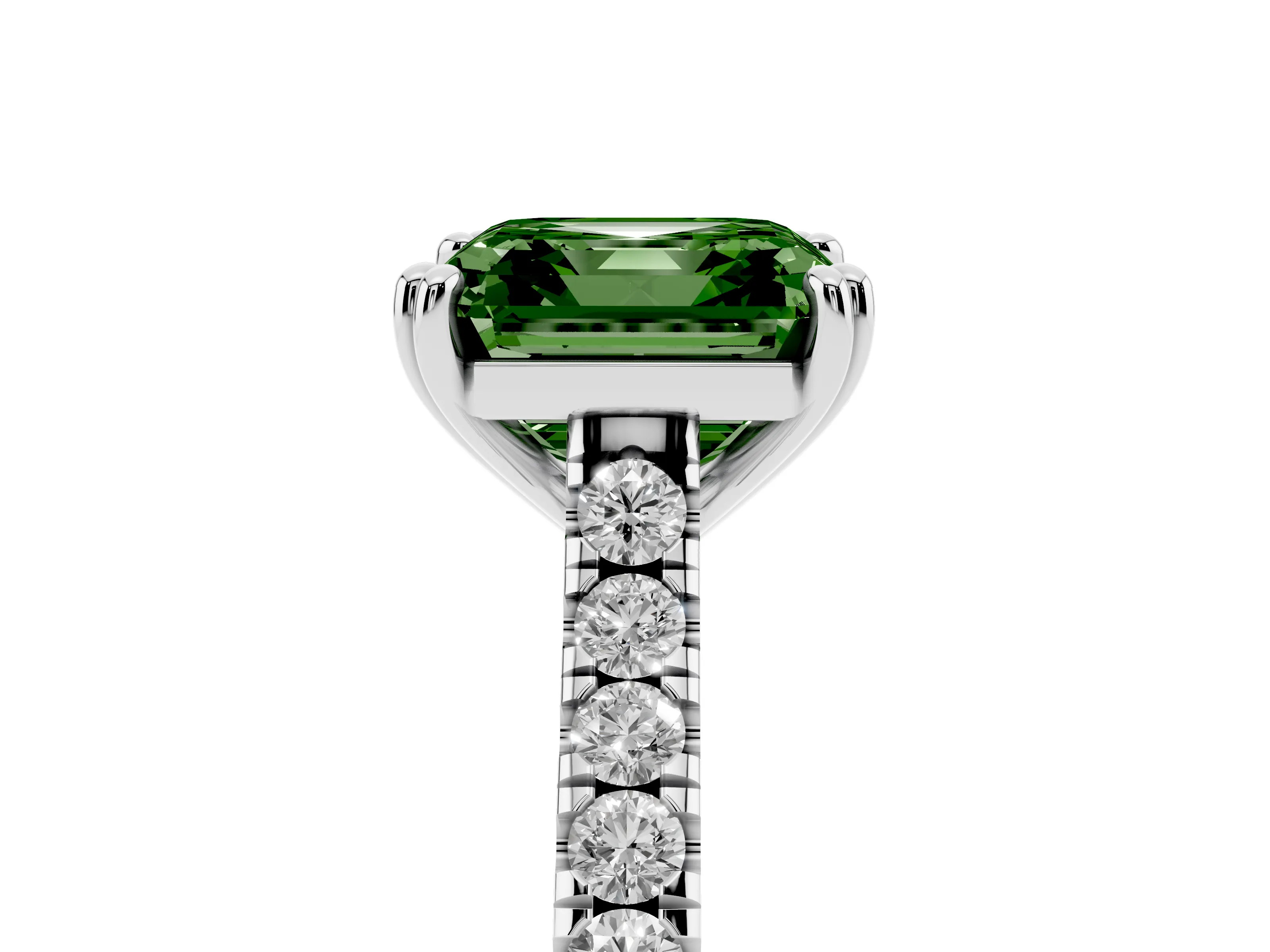 Fancy Green Asscher Cut Diamond Solitaire Engagement Ring Set in Platinum with Pavé Accents and Prong Setting
