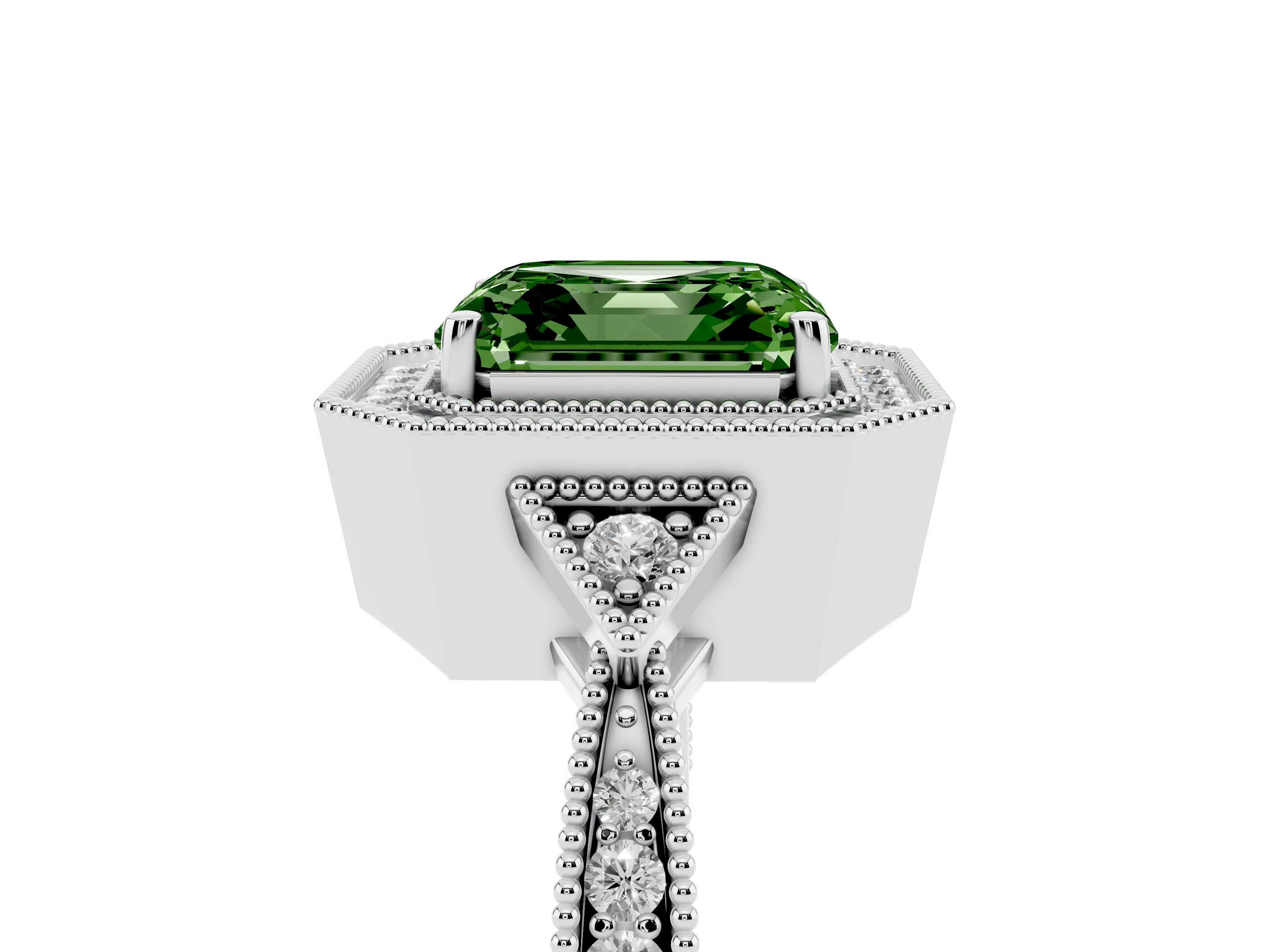 Fancy Green Asscher Cut Diamond Halo Engagement Ring Set in White gold with Milgrain Pavé Band