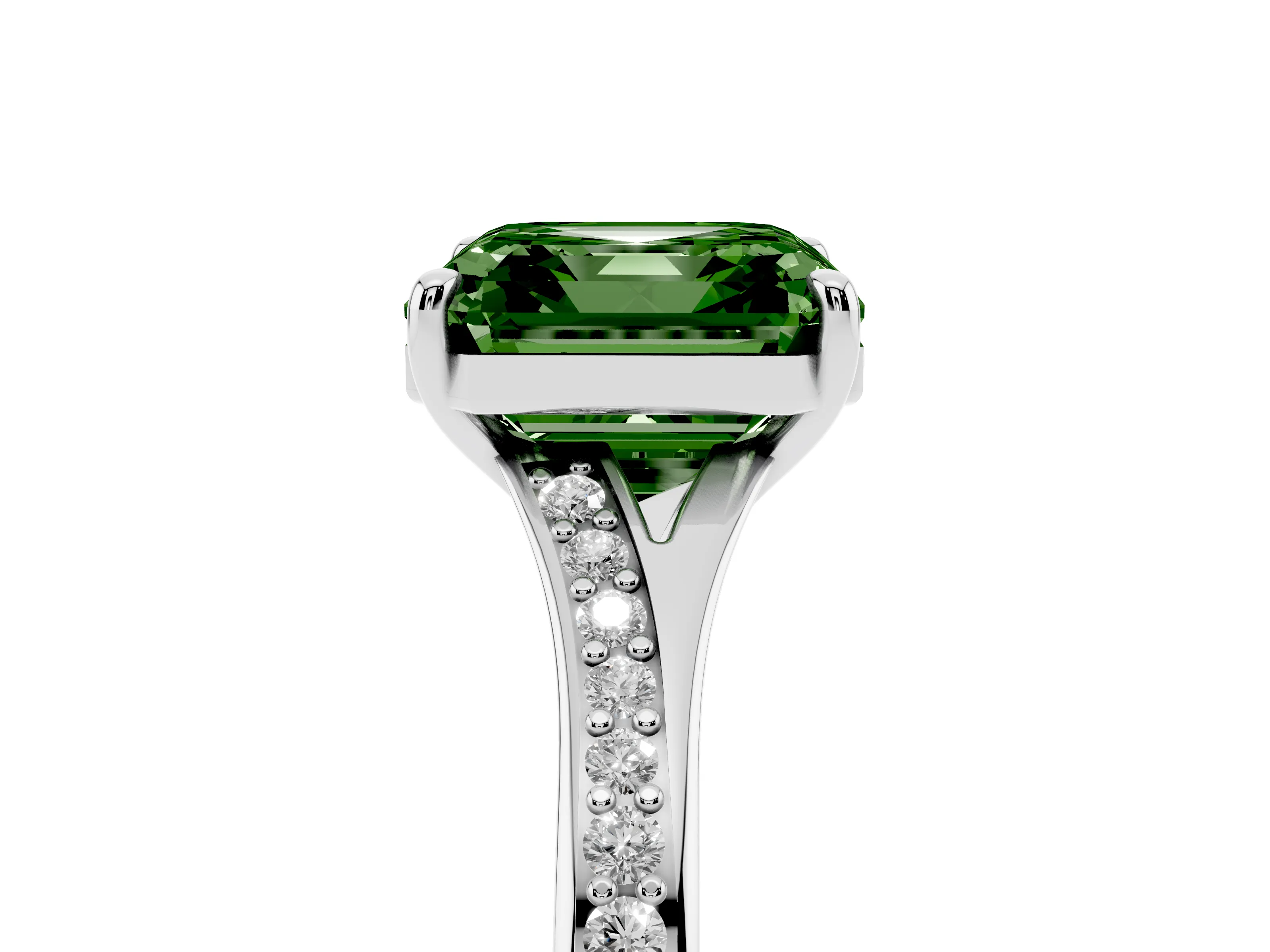 Fancy Green Asscher Cut Diamond Solitaire Ring Set in Platinum with Pavé Accent Band and Classic Prong Setting