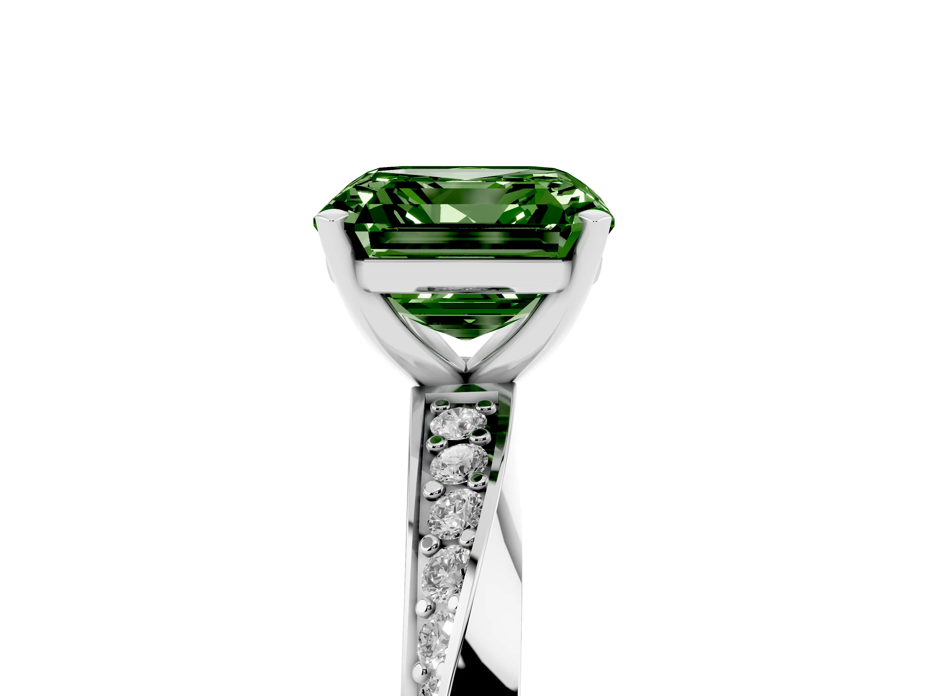 Fancy Green Asscher Cut Diamond Engagement Ring Set in White gold with Side Stone Accents and Prong Setting