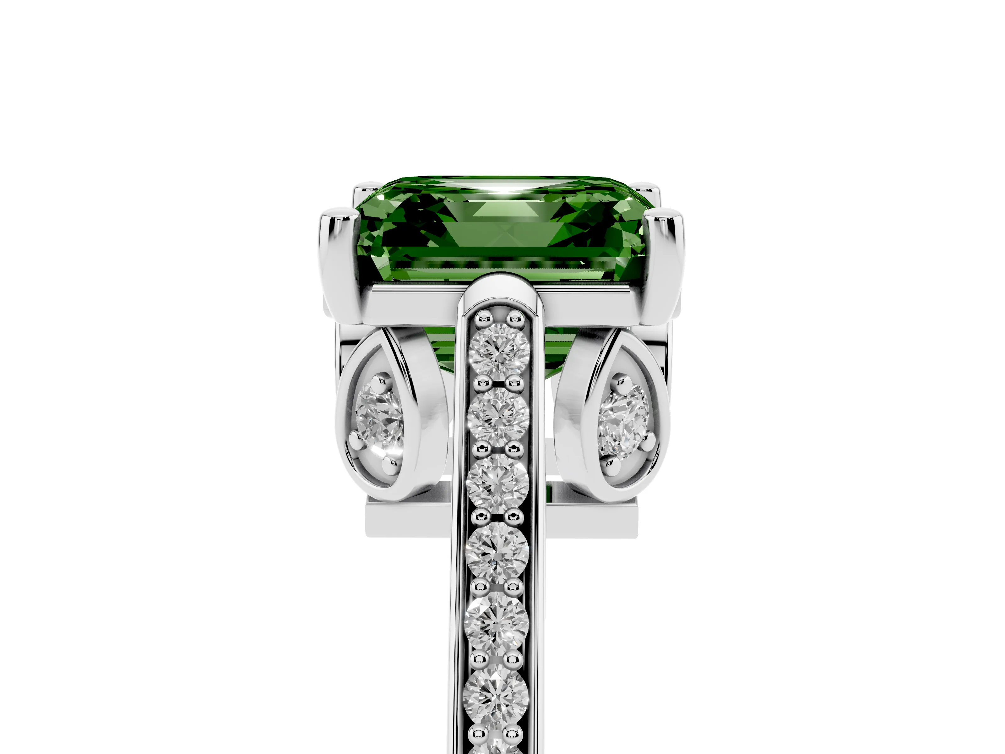 Fancy Green Asscher Cut Diamond Cathedral Pavé Engagement Ring Set in Silver with Prong Setting