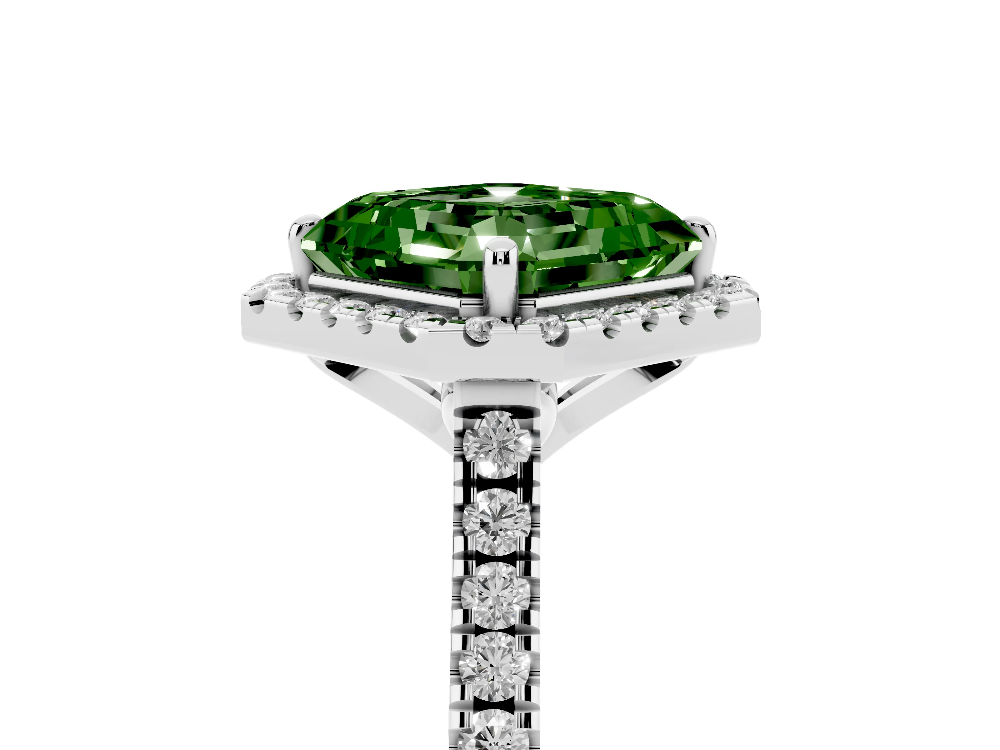 Fancy Green Asscher Cut Diamond Cushion Halo Ring Set in Silver with Pavé Band