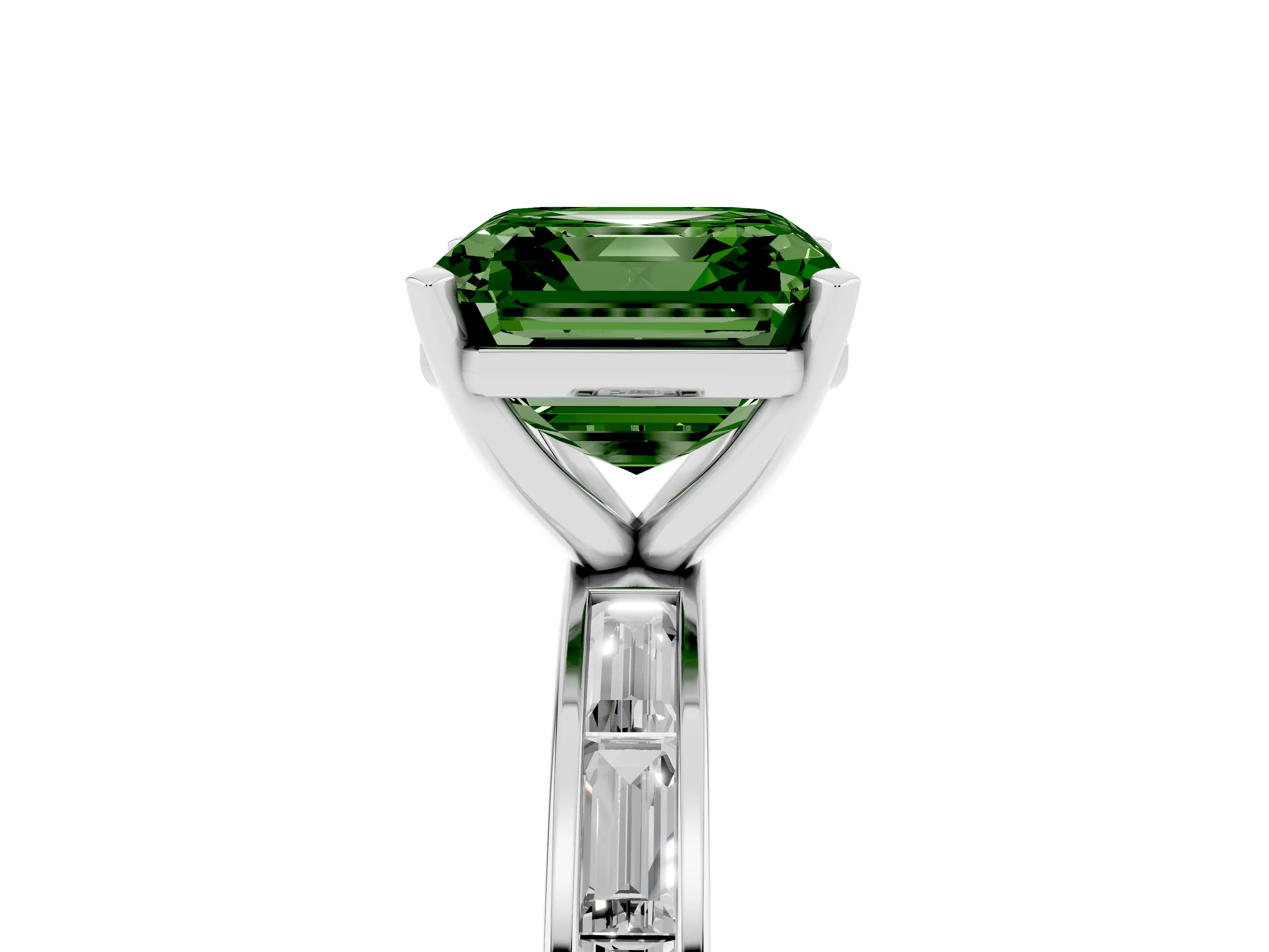 Fancy Green Asscher Cut Diamond Solitaire Ring Set in White gold with Channel-Set Baguette Band and Prong Setting