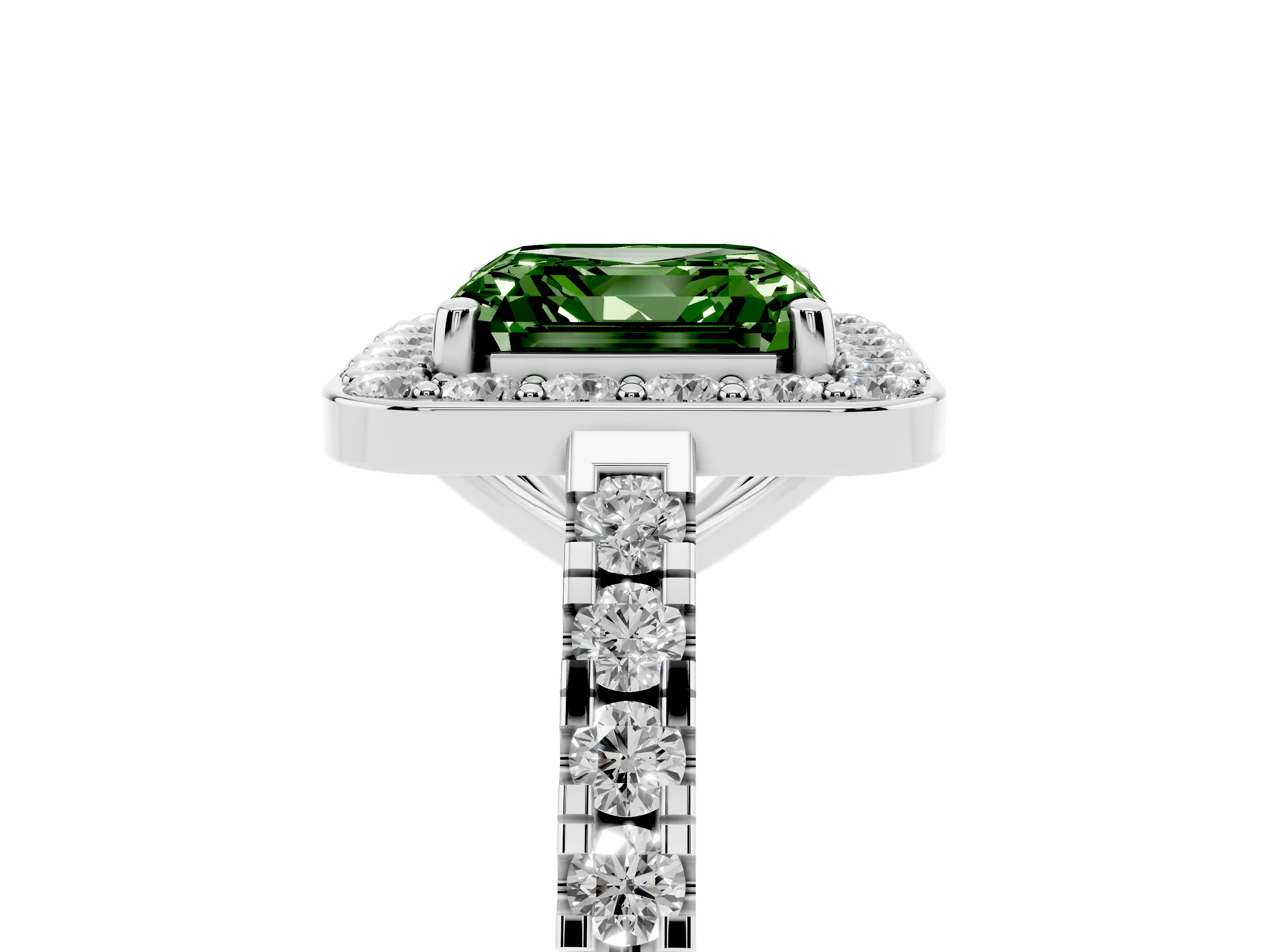 Fancy Green Asscher Cut Diamond Halo Ring Set in Platinum with Round Pavé Split Shank and Prong Setting