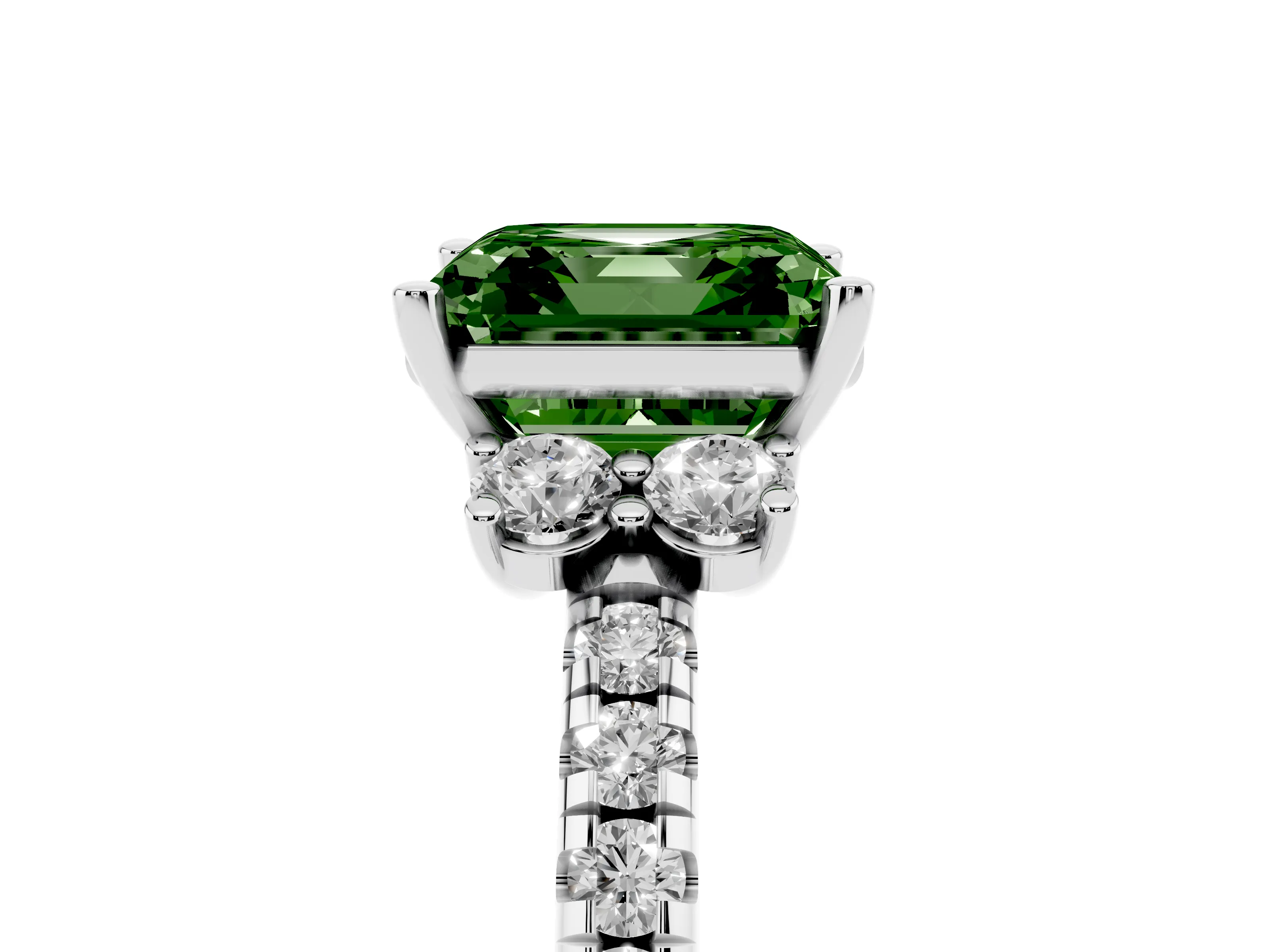 Fancy Green Asscher Cut Diamond Three-Stone Pavé Ring Set in Platinum with Prong Setting