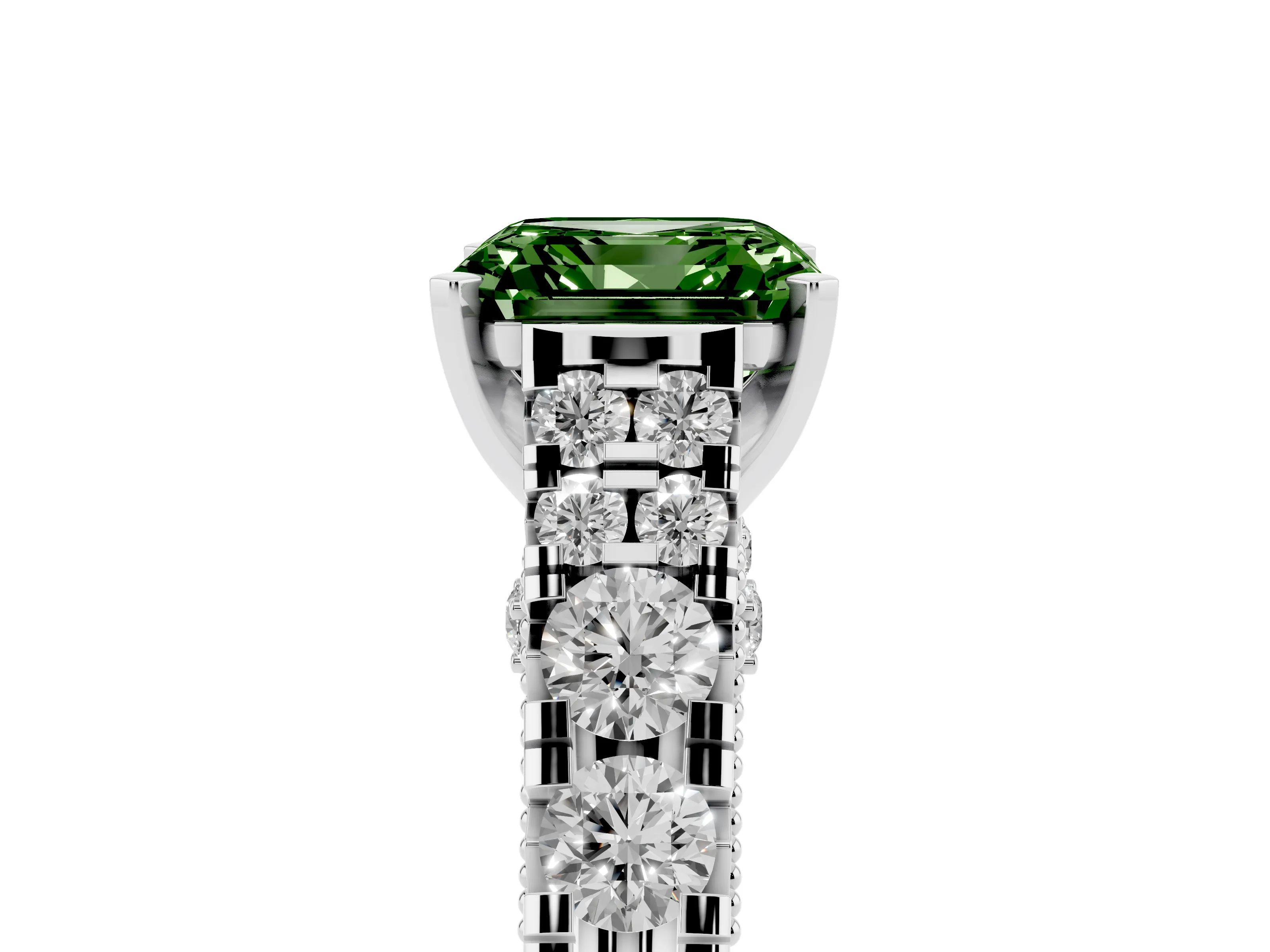 Fancy Green Asscher Cut Diamond Classic Solitaire Ring Set in White gold with Pavé Band and Prong Setting