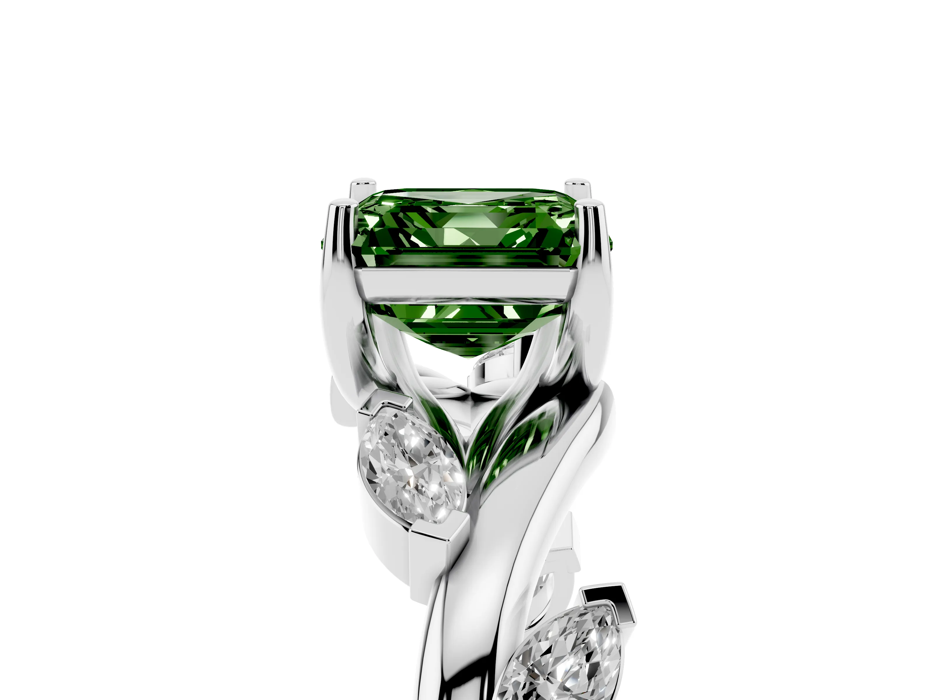 Fancy Green Asscher Cut Diamond Solitaire Ring Set in White gold with Twisted Marquise Accent Band