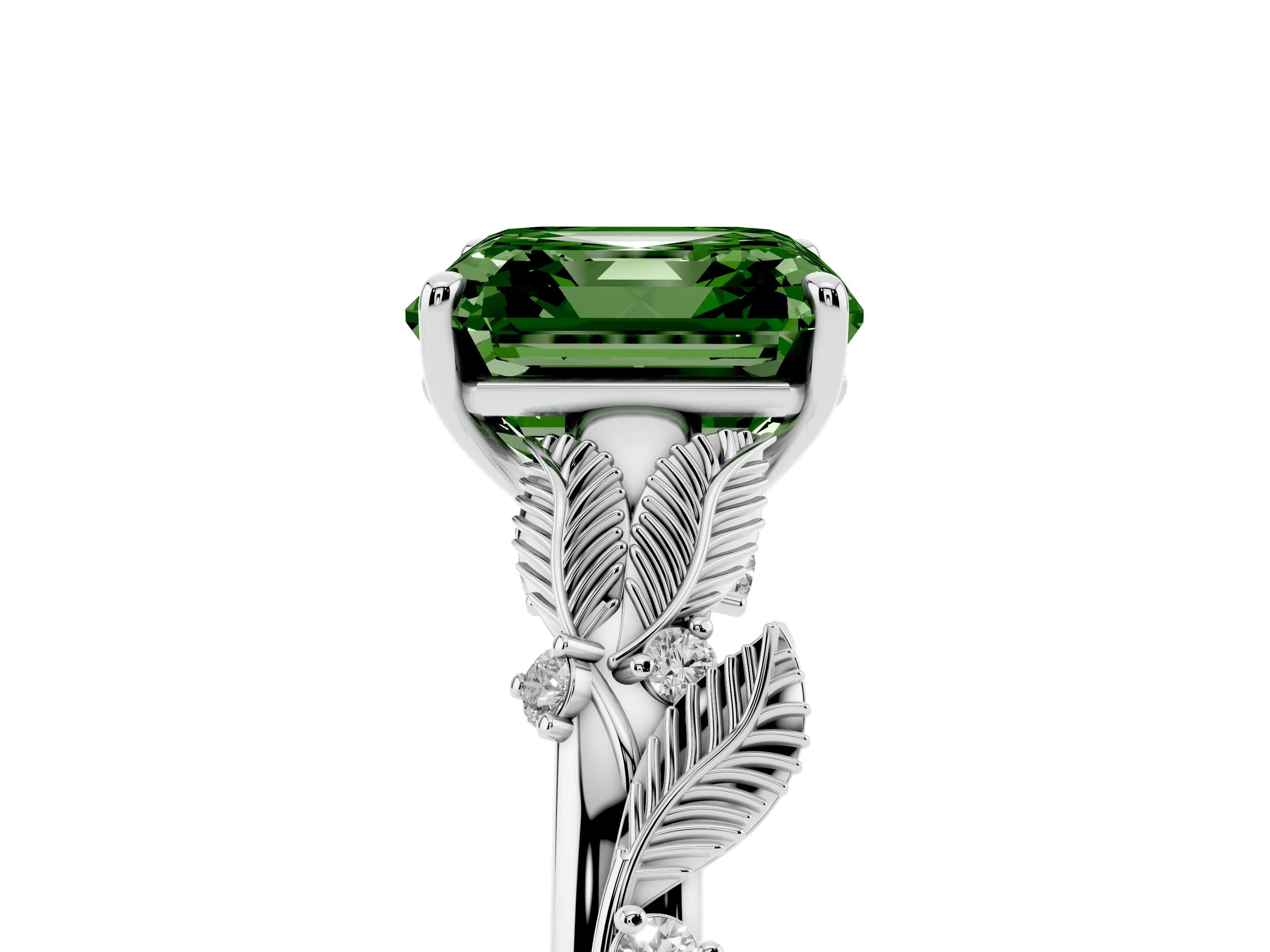 Fancy Green Asscher Cut Diamond Solitaire Ring Set in White gold with Leaf Motif Band