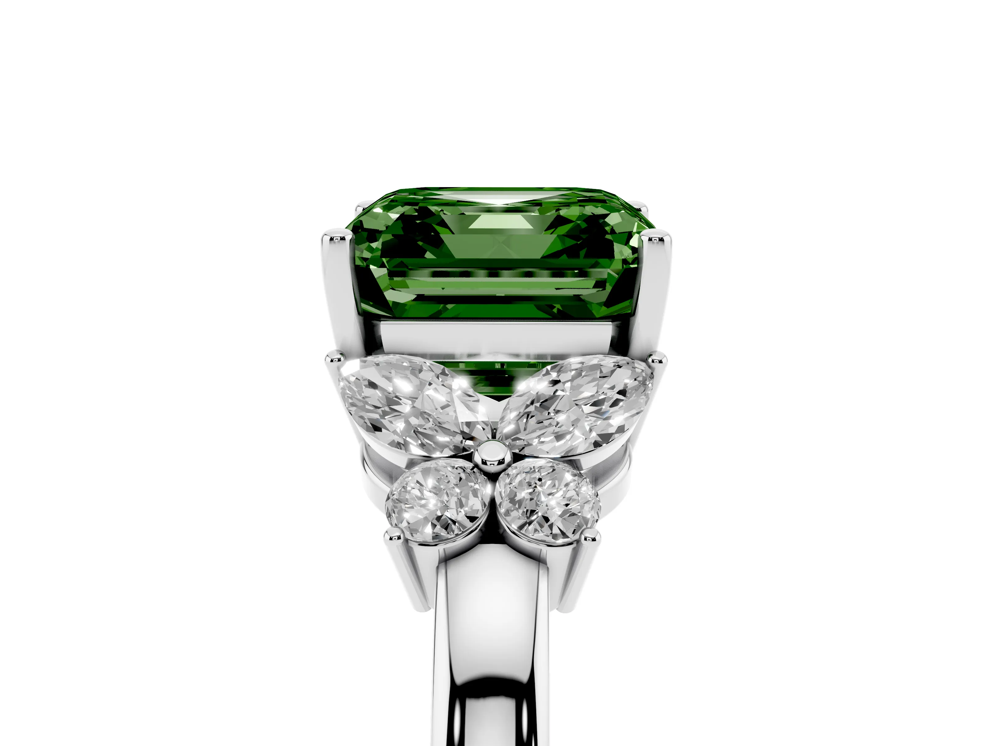 Fancy Green Asscher Cut Diamond Solitaire Floral Ring Set in Platinum with Marquise Petals and Prong Setting