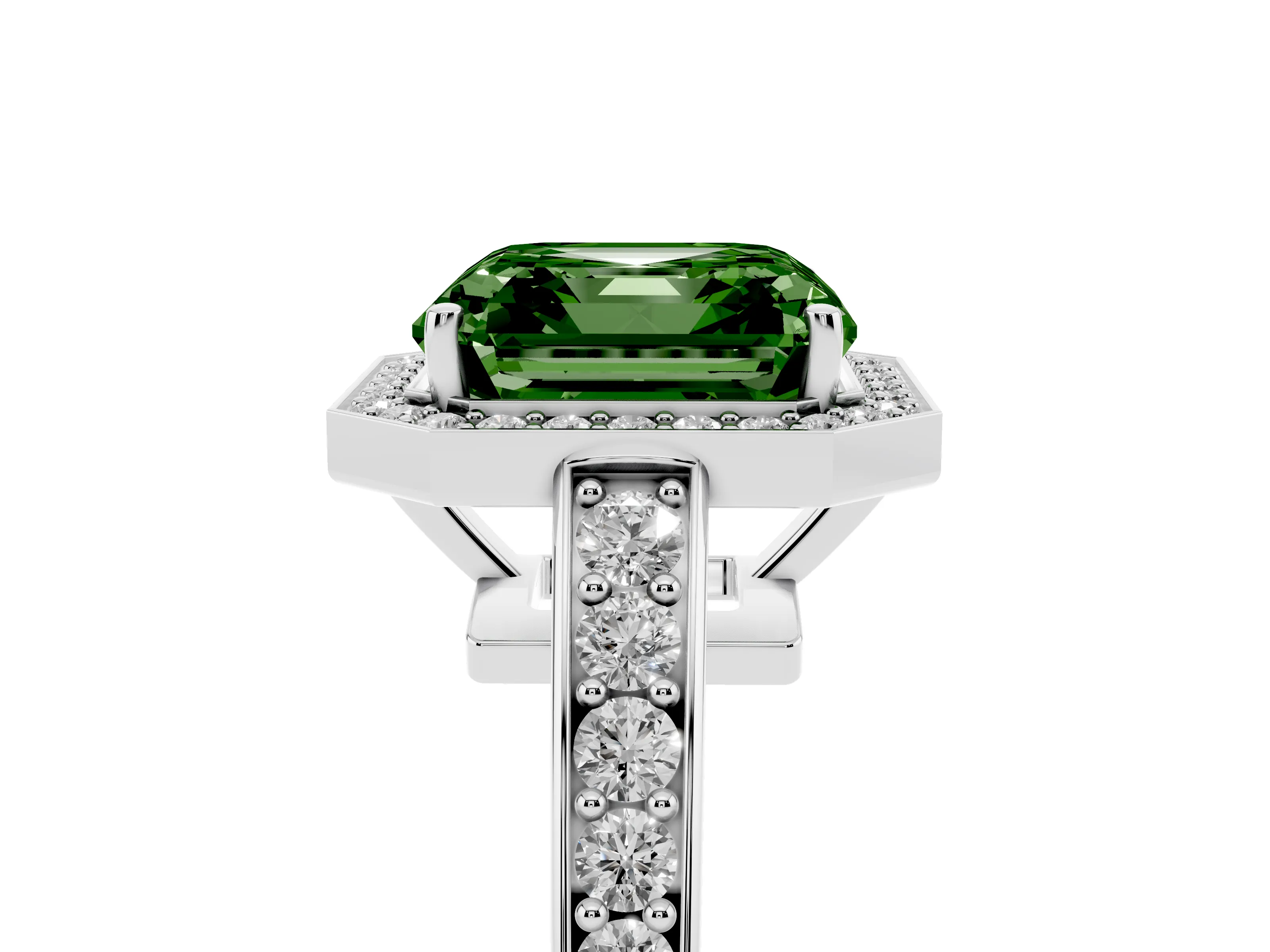 Fancy Green Asscher Cut Diamond Halo Pavé Engagement Ring Set in Platinum with Bezel Setting
