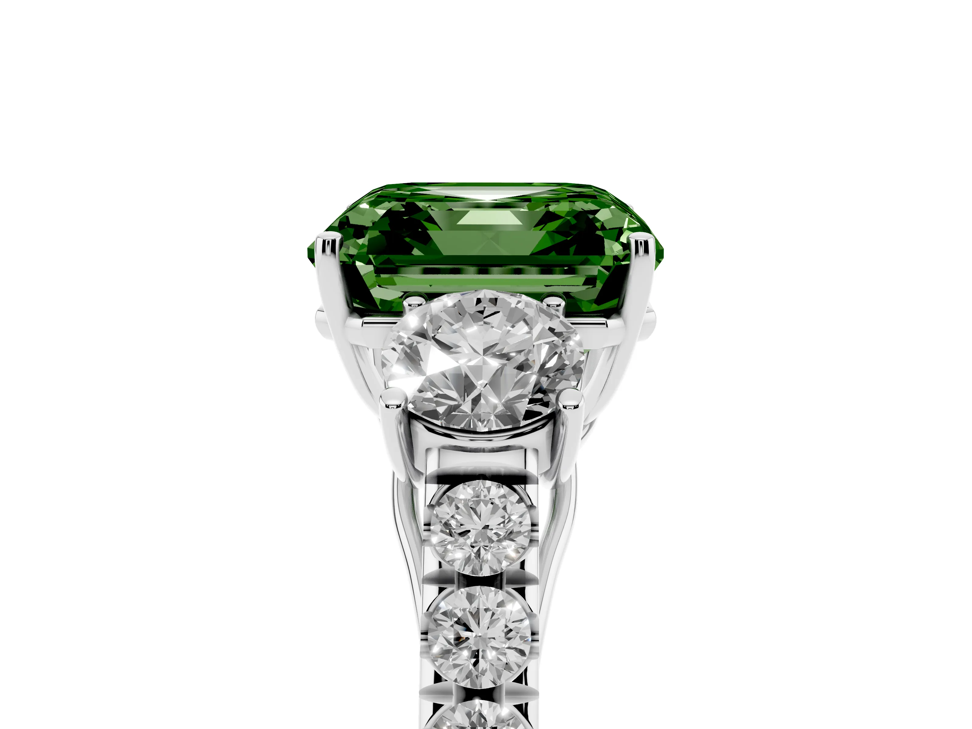Fancy Green Asscher Cut Diamond Three-Stone Ring Set in Silver with Round Side Stones and Delicate Pavé Band