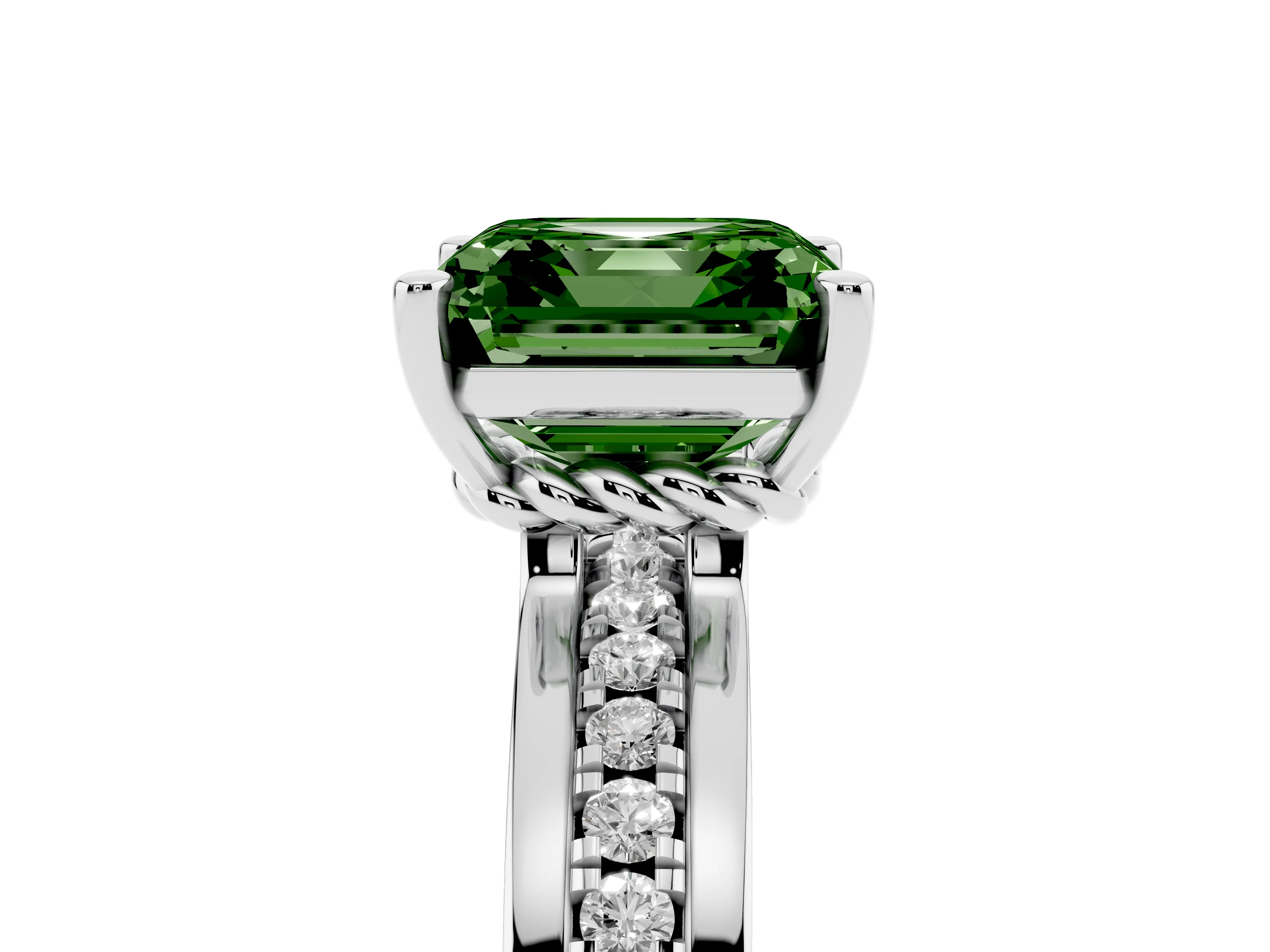 Fancy Green Asscher Cut Diamond Solitaire Ring Set in White gold with Channel Set Band and Prong Setting