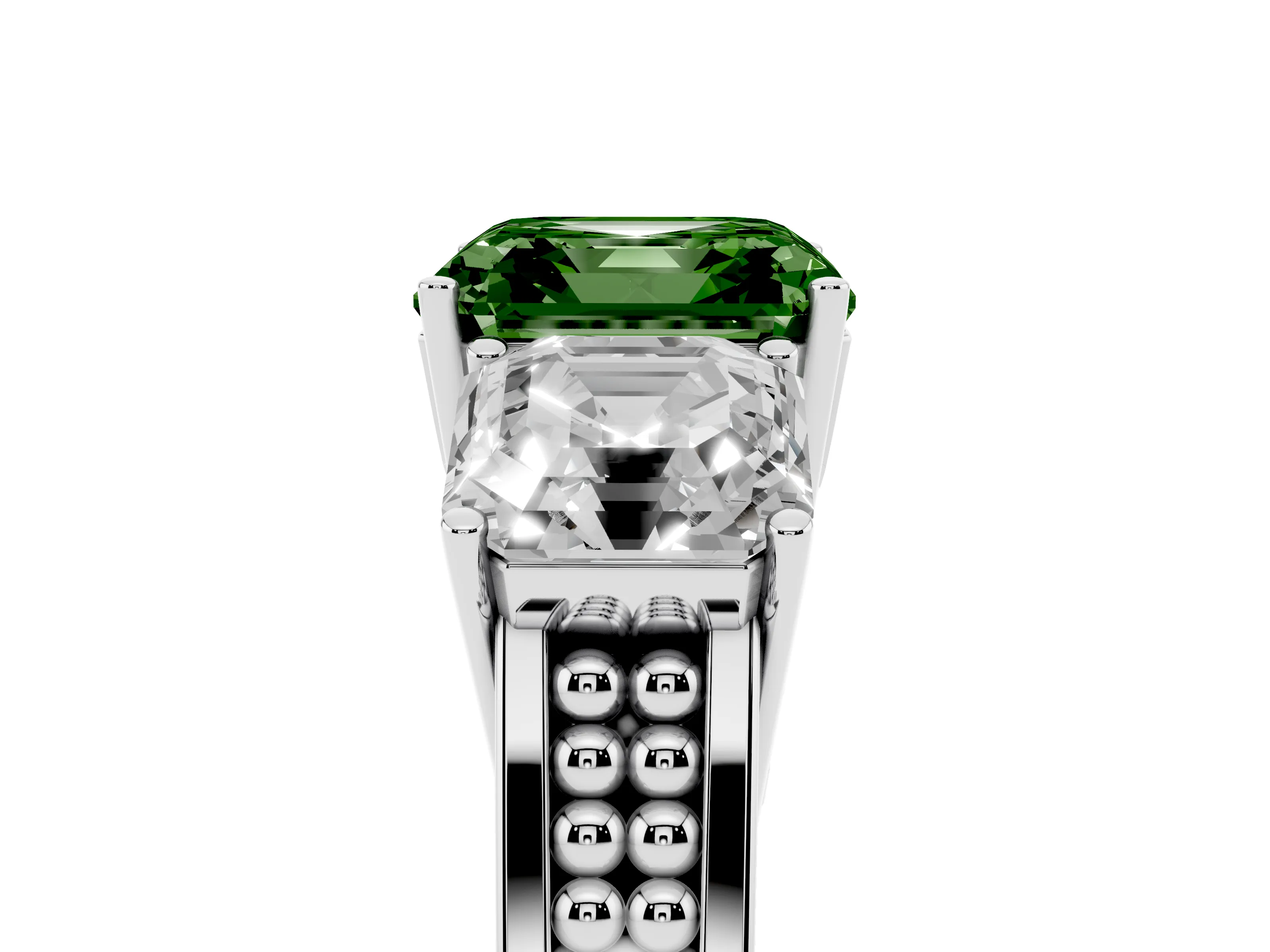 Fancy Green Asscher Cut Diamond Three-Stone Ring Set in White gold with Textured Band