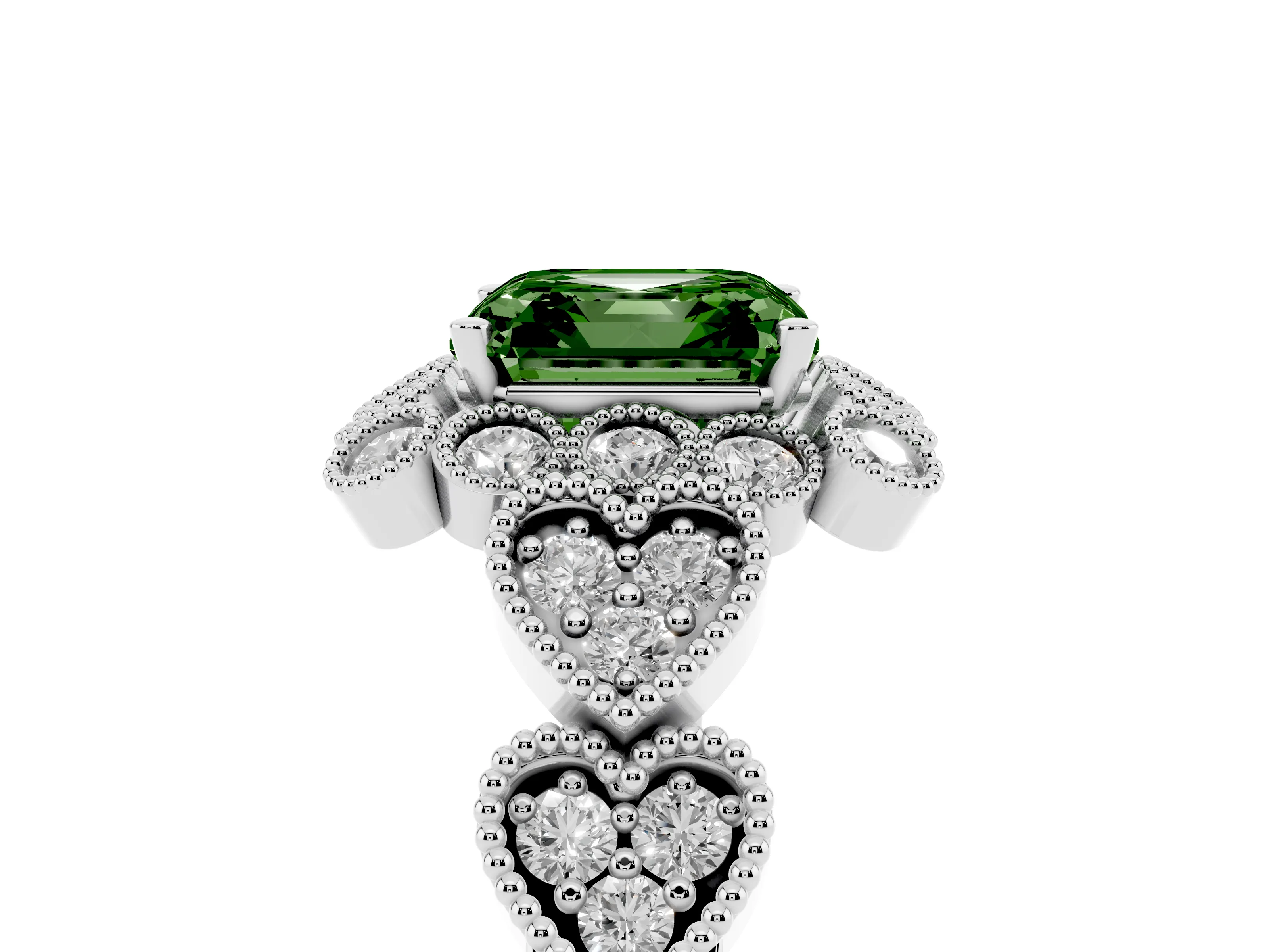 Fancy Green Asscher Cut Diamond Solitaire Ring Set in Platinum with Milgrain Pavé Heart Band