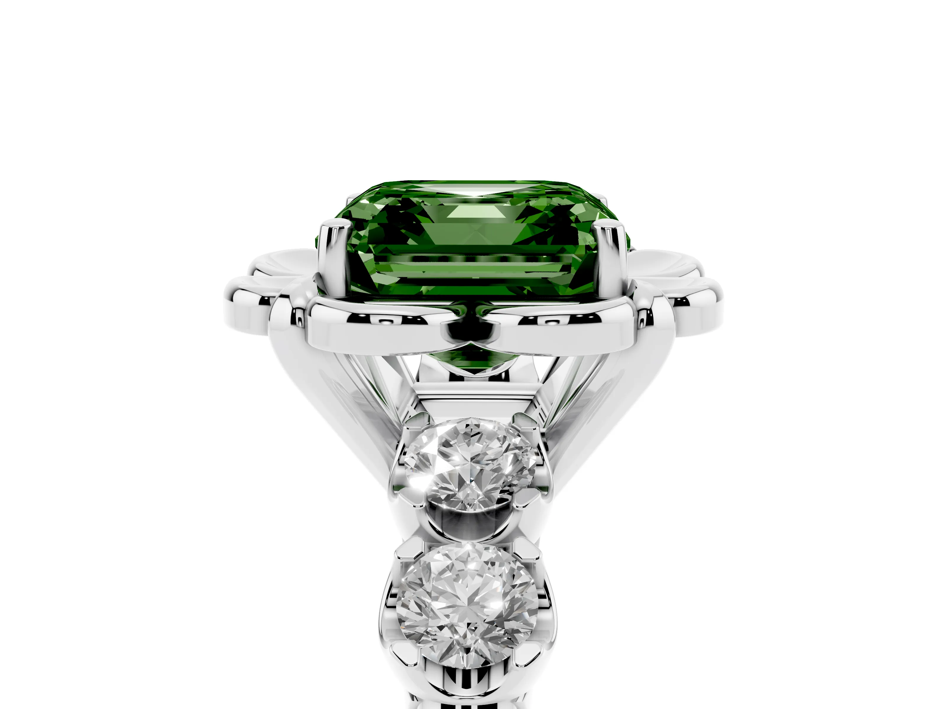 Fancy Green Asscher Cut Diamond Floral Halo Ring Set in White gold with Shared Prong Band