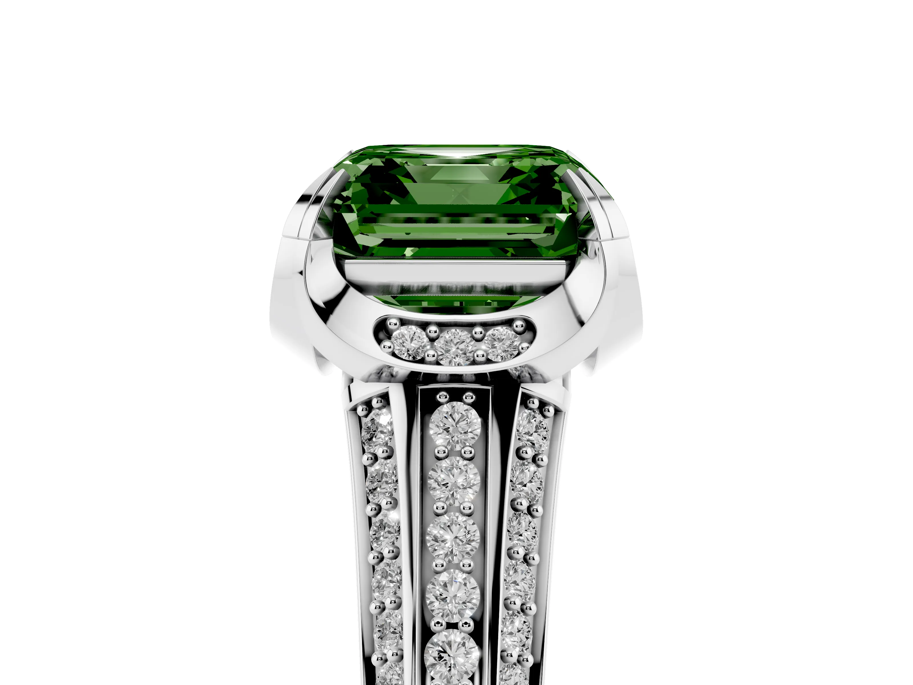 Fancy Green Asscher Cut Diamond Pavé Split Shank Solitaire Ring Set in Platinum with Prong Setting