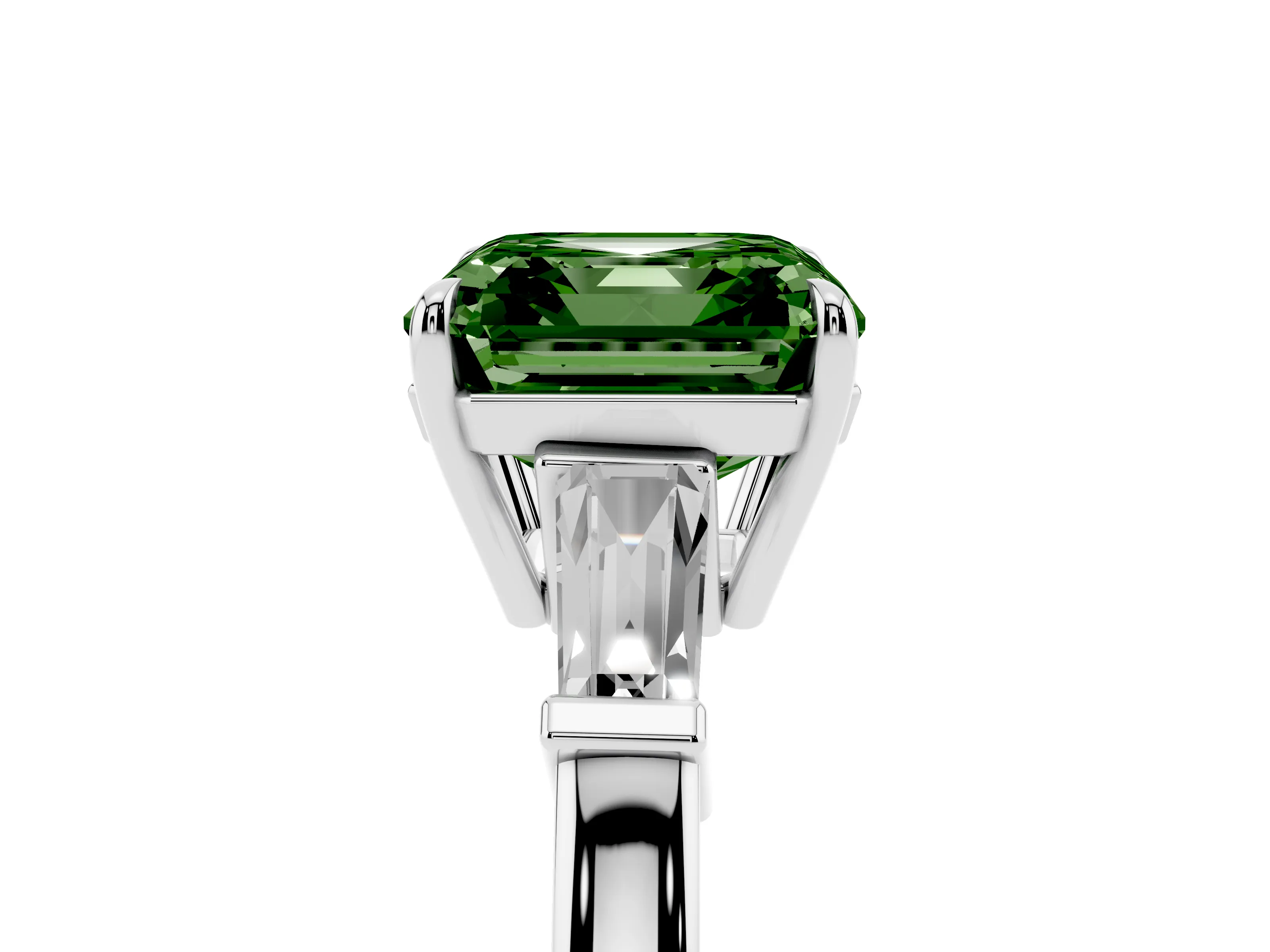 Fancy Green Asscher Cut Diamond Three-Stone Ring Set in Platinum with Tapered Baguette Side Stones and Prong Setting