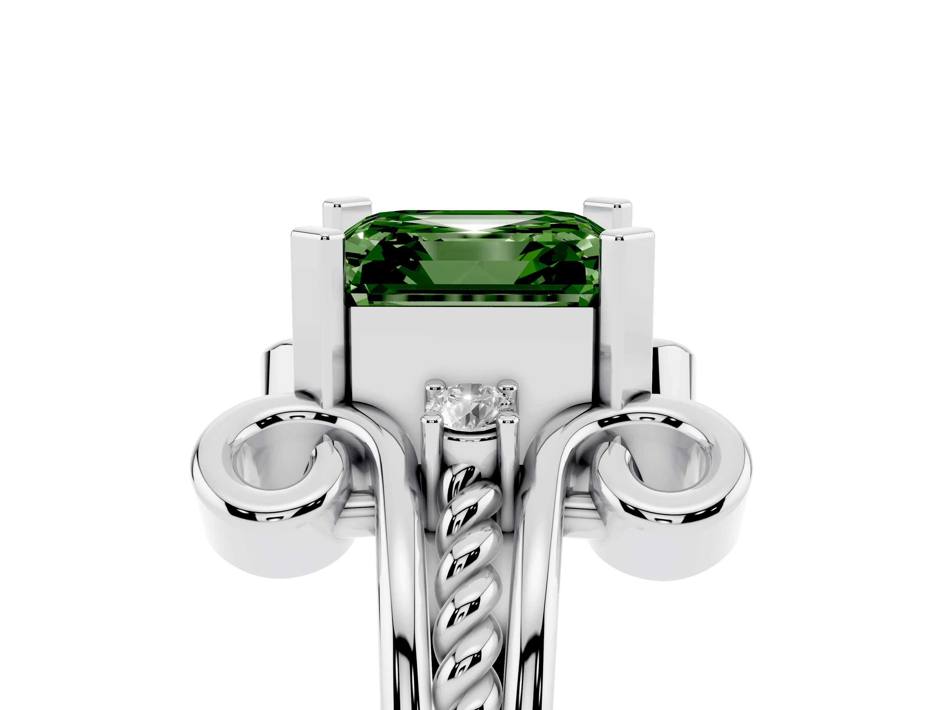 Fancy Green Asscher Cut Diamond Twisted Band Solitaire Ring Set in Platinum with Scroll Prongs
