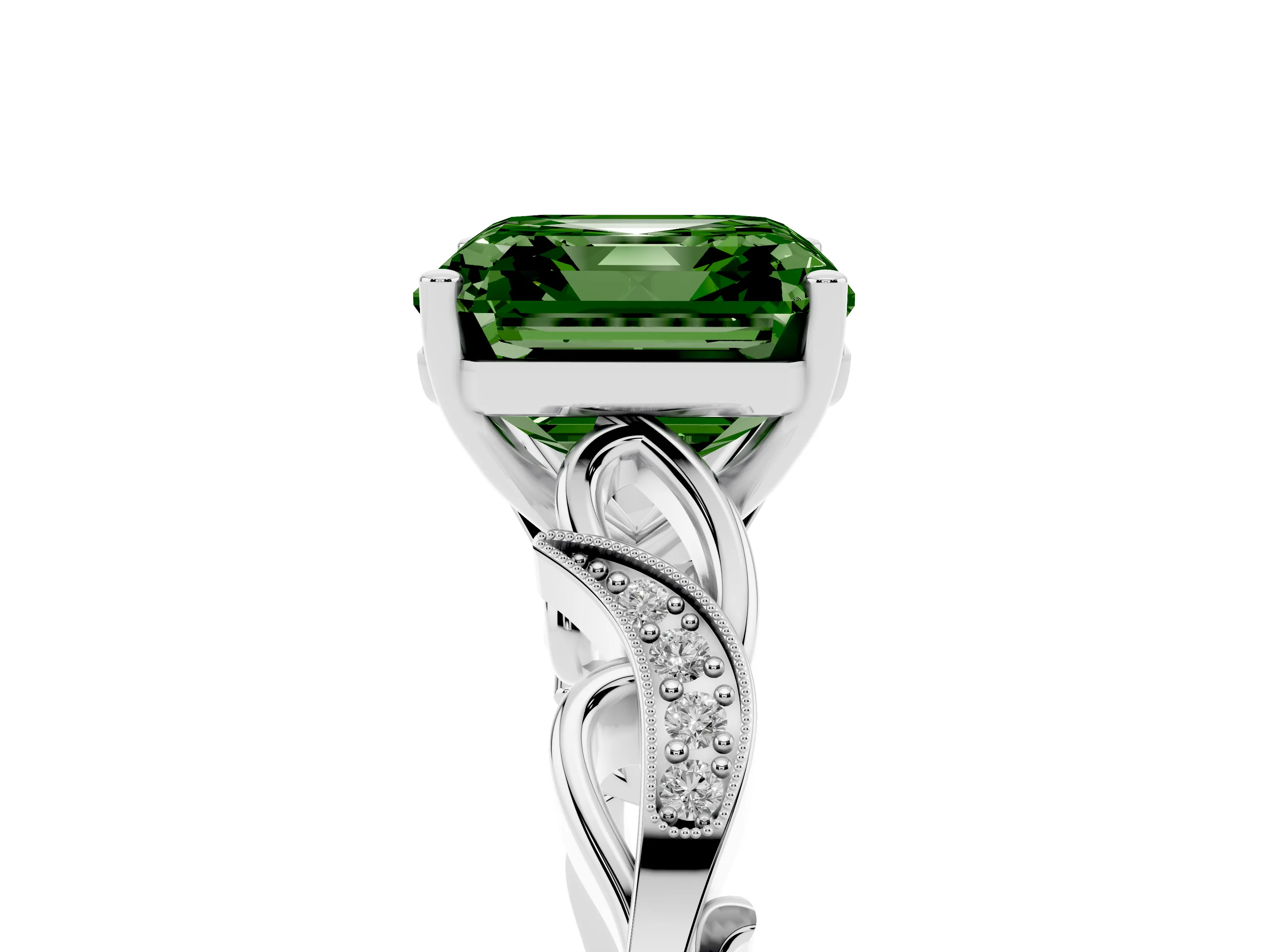 Fancy Green Asscher Cut Diamond Vine Band Solitaire Ring Set in White gold with Milgrain Prong Setting