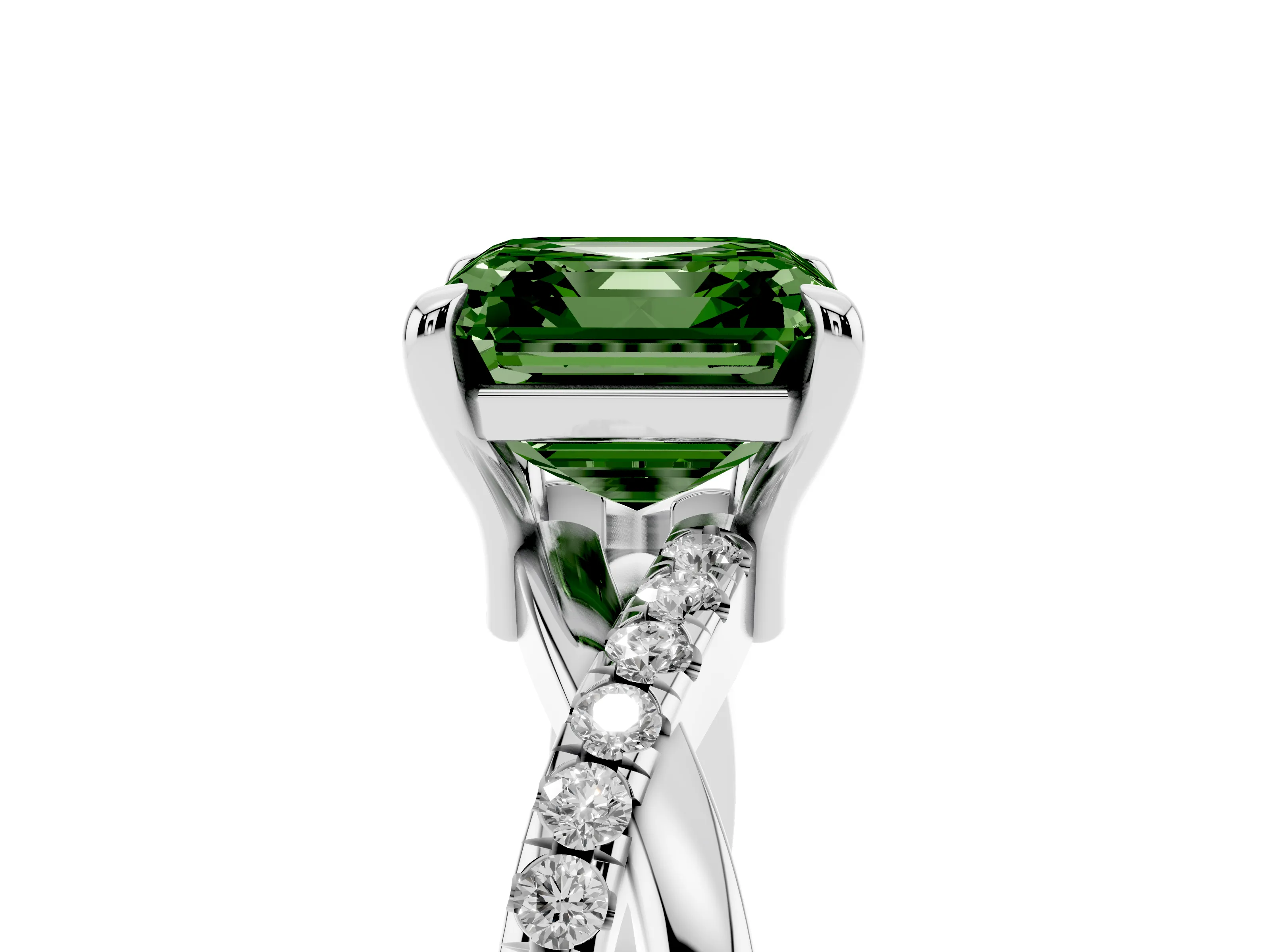 Fancy Green Asscher Cut Diamond Twist Band Pavé Solitaire Ring Set in White gold with Prong Setting