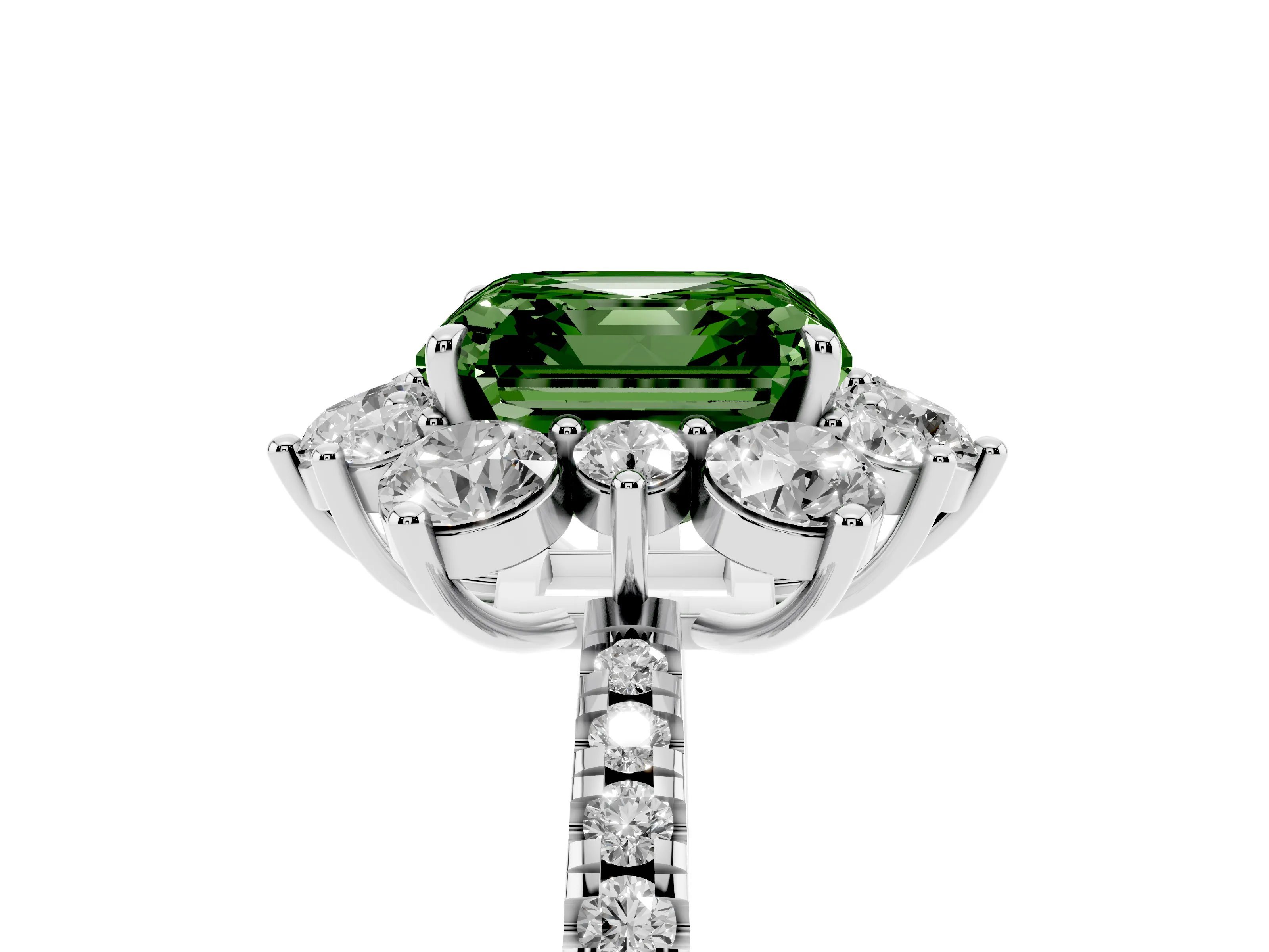 Fancy Green Asscher Cut Diamond Floral Halo Ring Set in Platinum with Round Pavé Band and Prong Setting