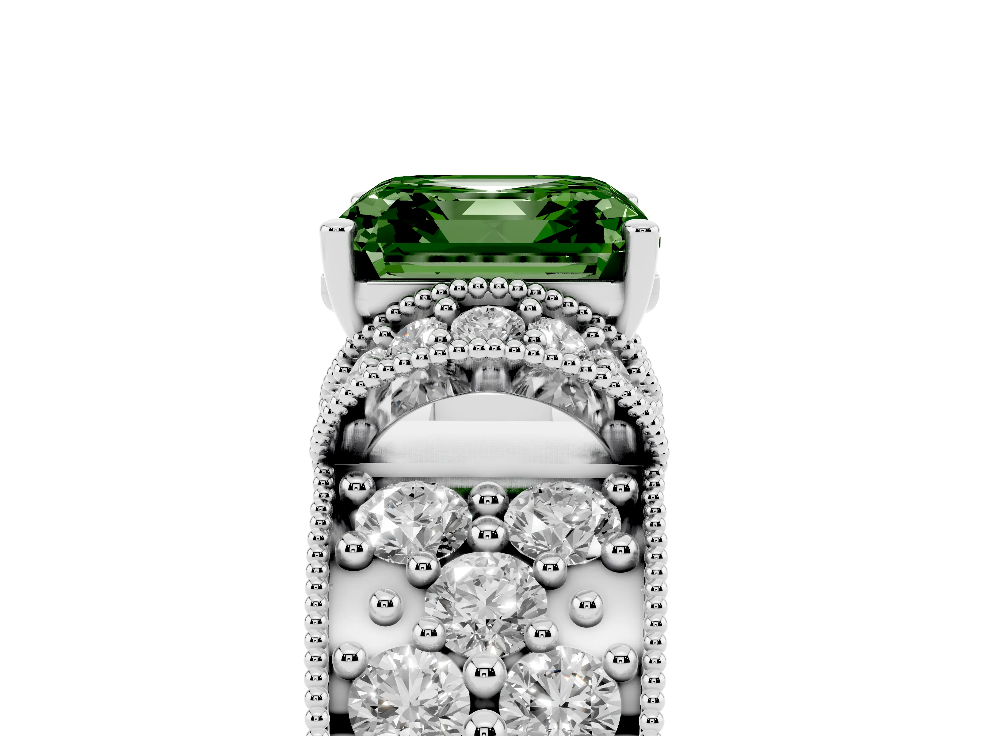 Fancy Green Asscher Cut Diamond Milgrain Halo Pavé Engagement Ring Set in Platinum with Prong Setting