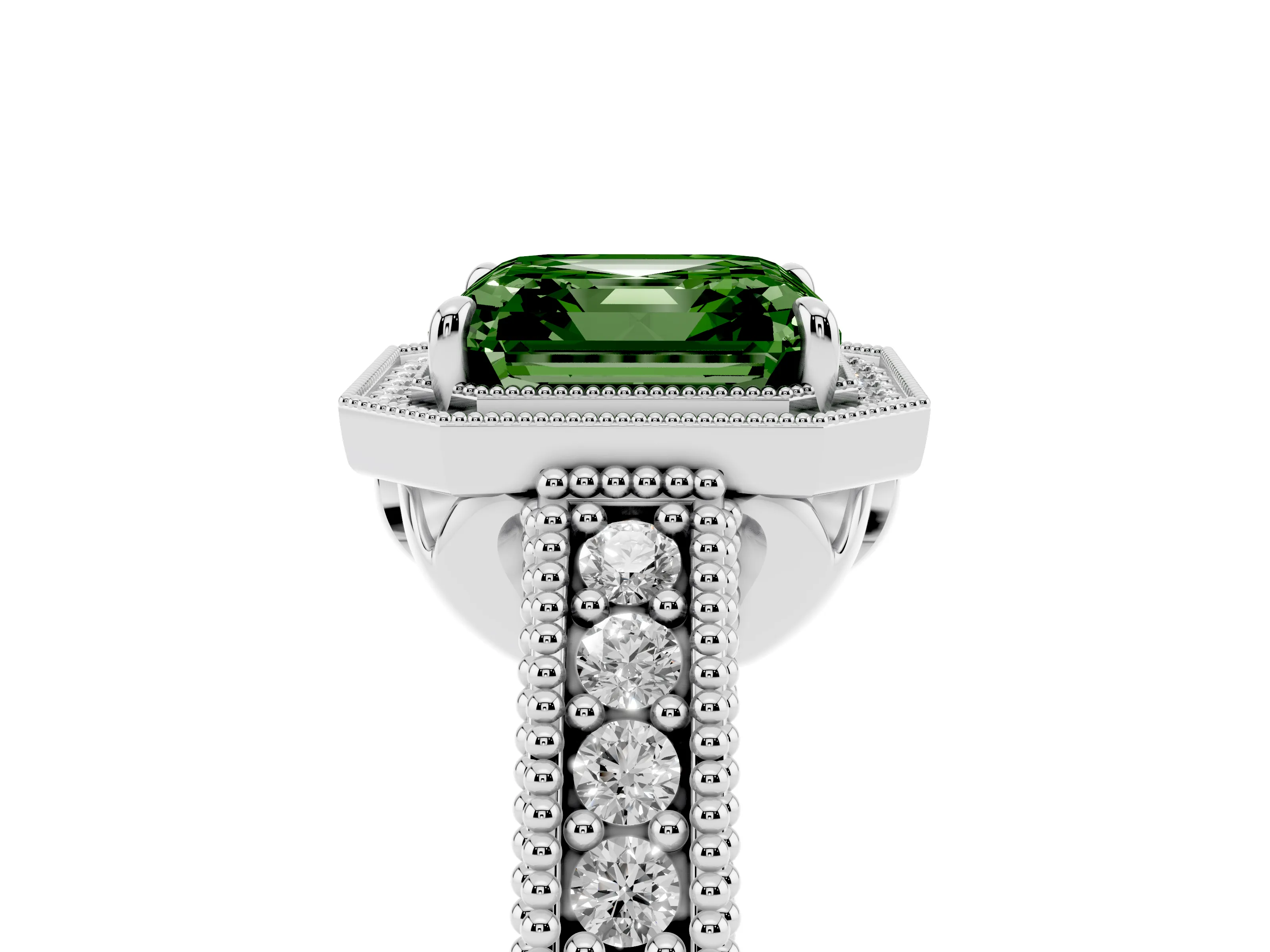 Fancy Green Asscher Cut Diamond Halo Ring Set in White gold with Round Accent Halo, Pavé Band and Prong Setting