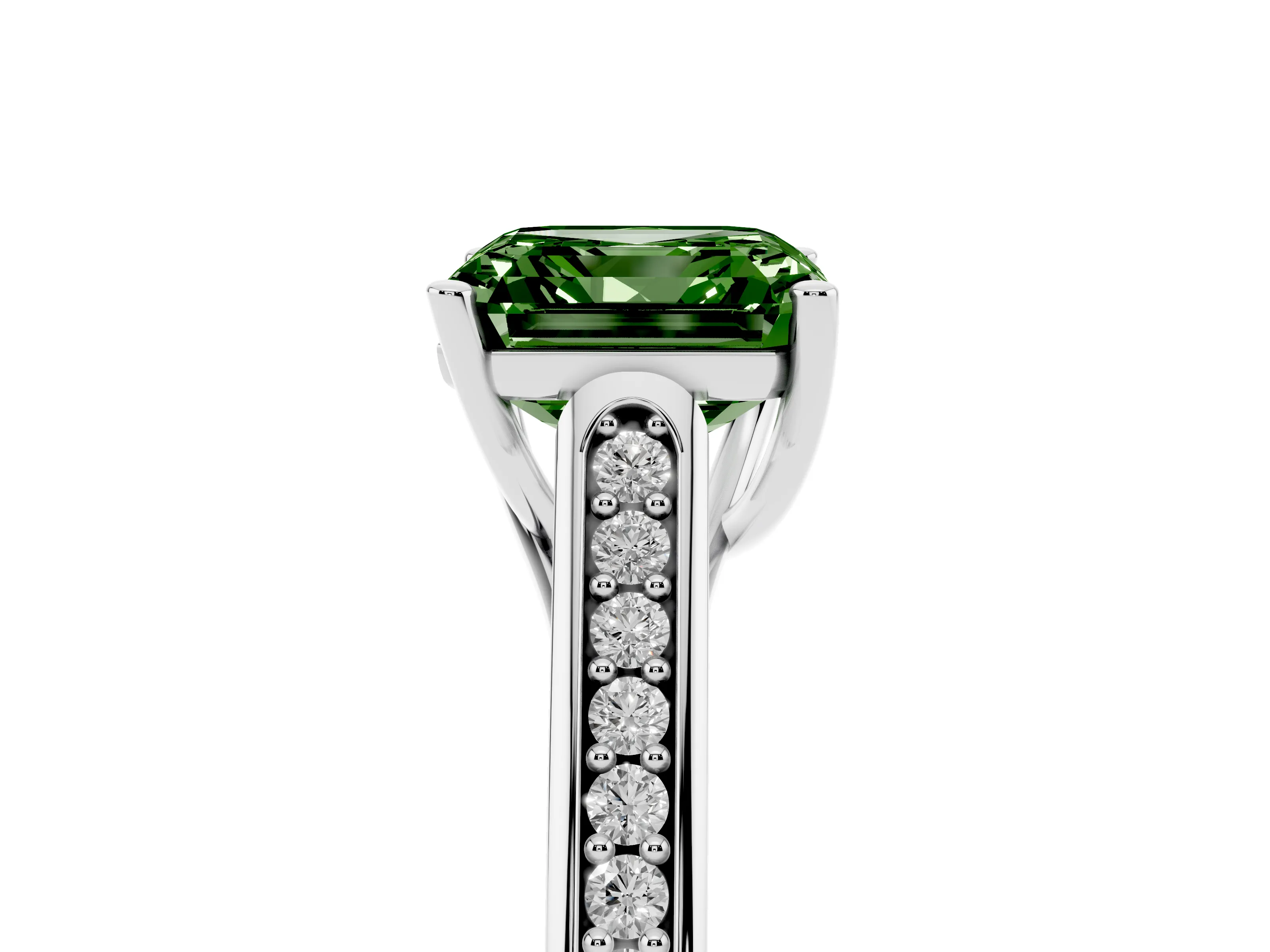 Fancy Green Asscher Cut Diamond Solitaire Cathedral Engagement Ring Set in White gold with Channel-Set Band and Prong Setting