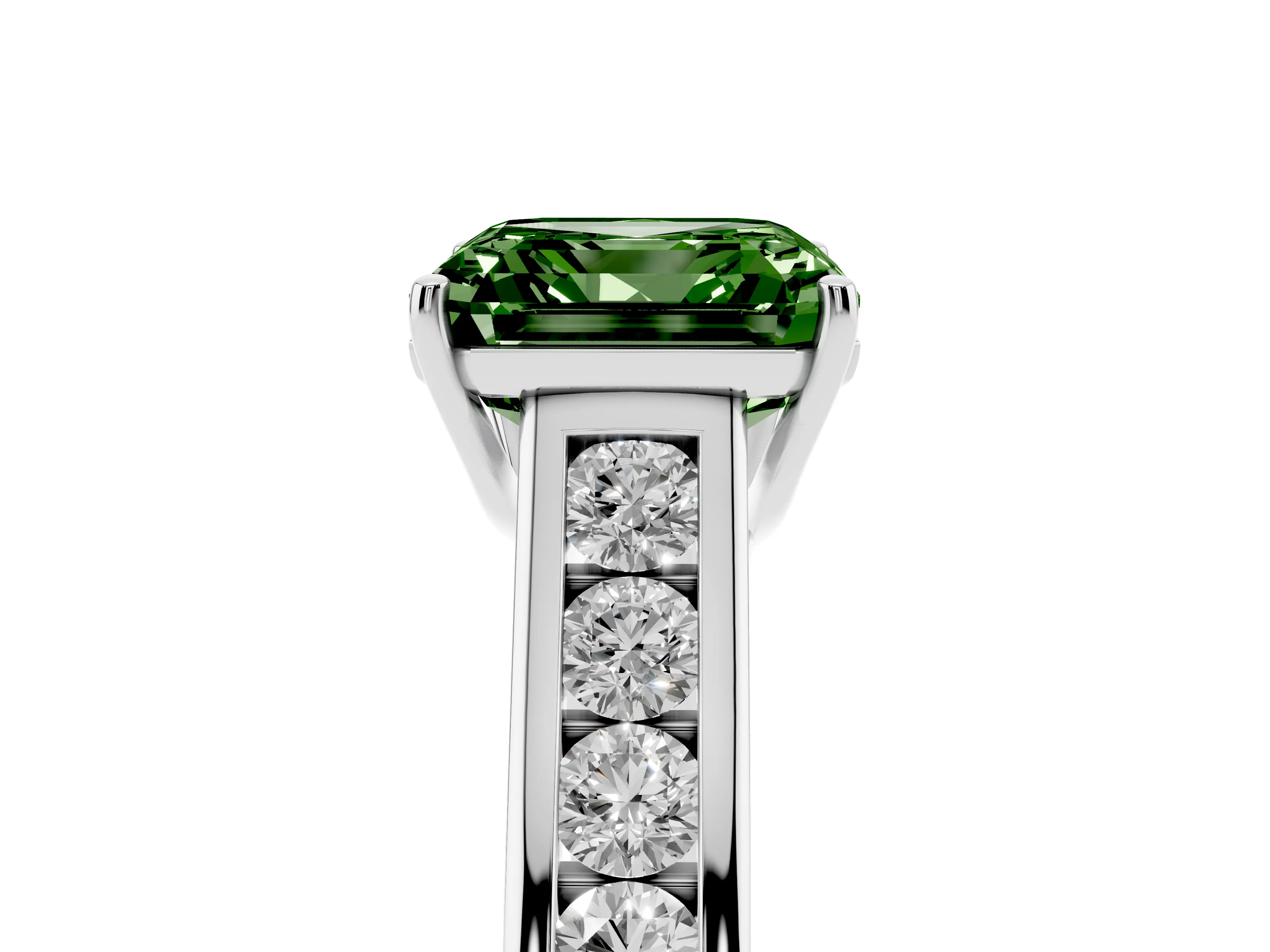 Fancy Green Asscher Cut Diamond Brilliant Channel-Set Solitaire Ring Set in White gold with Prong Setting