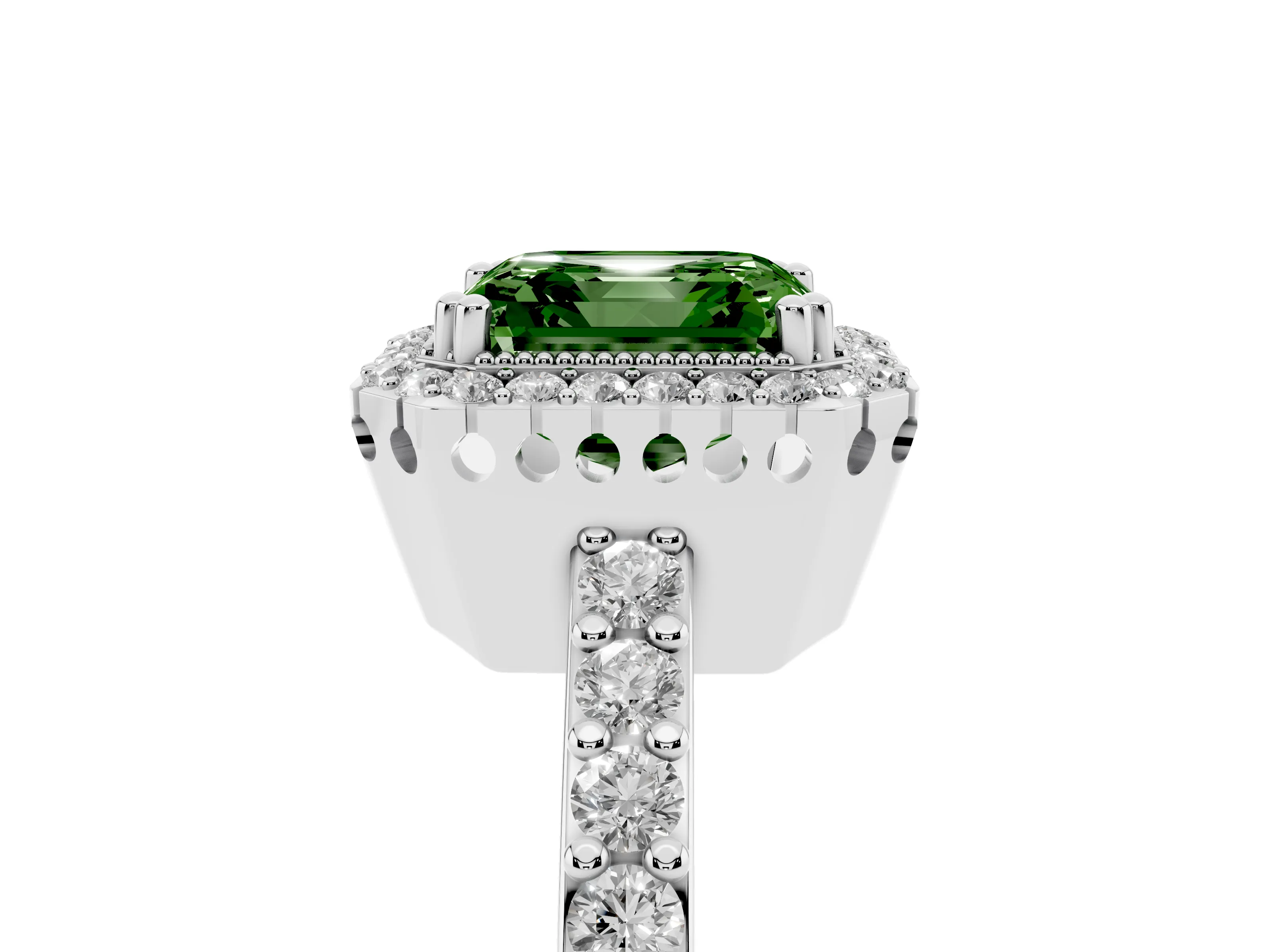 Fancy Green Asscher Cut Diamond Halo Engagement Ring Set in Platinum with Milgrain Detail and Pavé Band