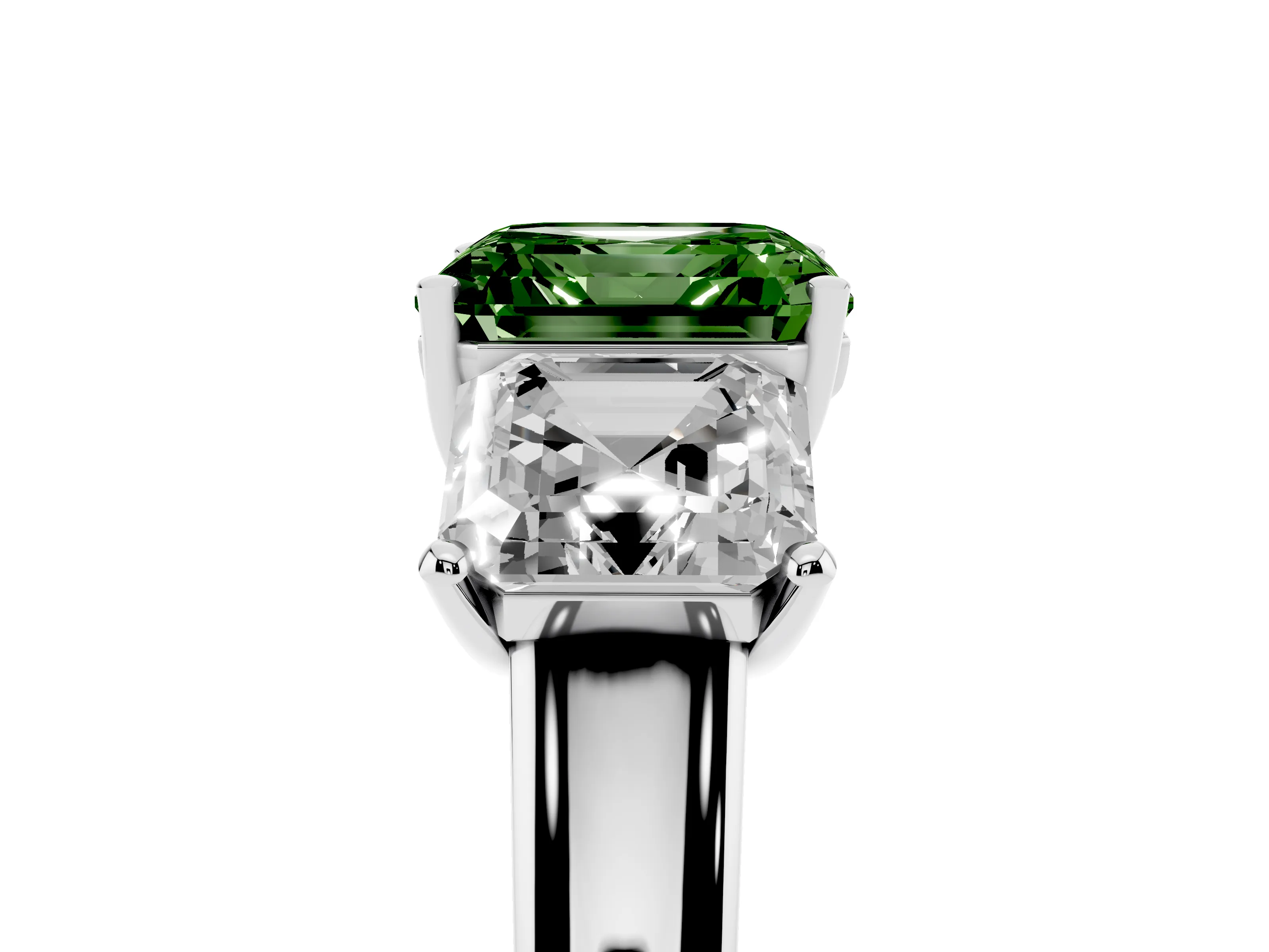 Fancy Green Asscher Cut Diamond Three-Stone Ring Set in Platinum with Classic Prong Setting and Plain Band