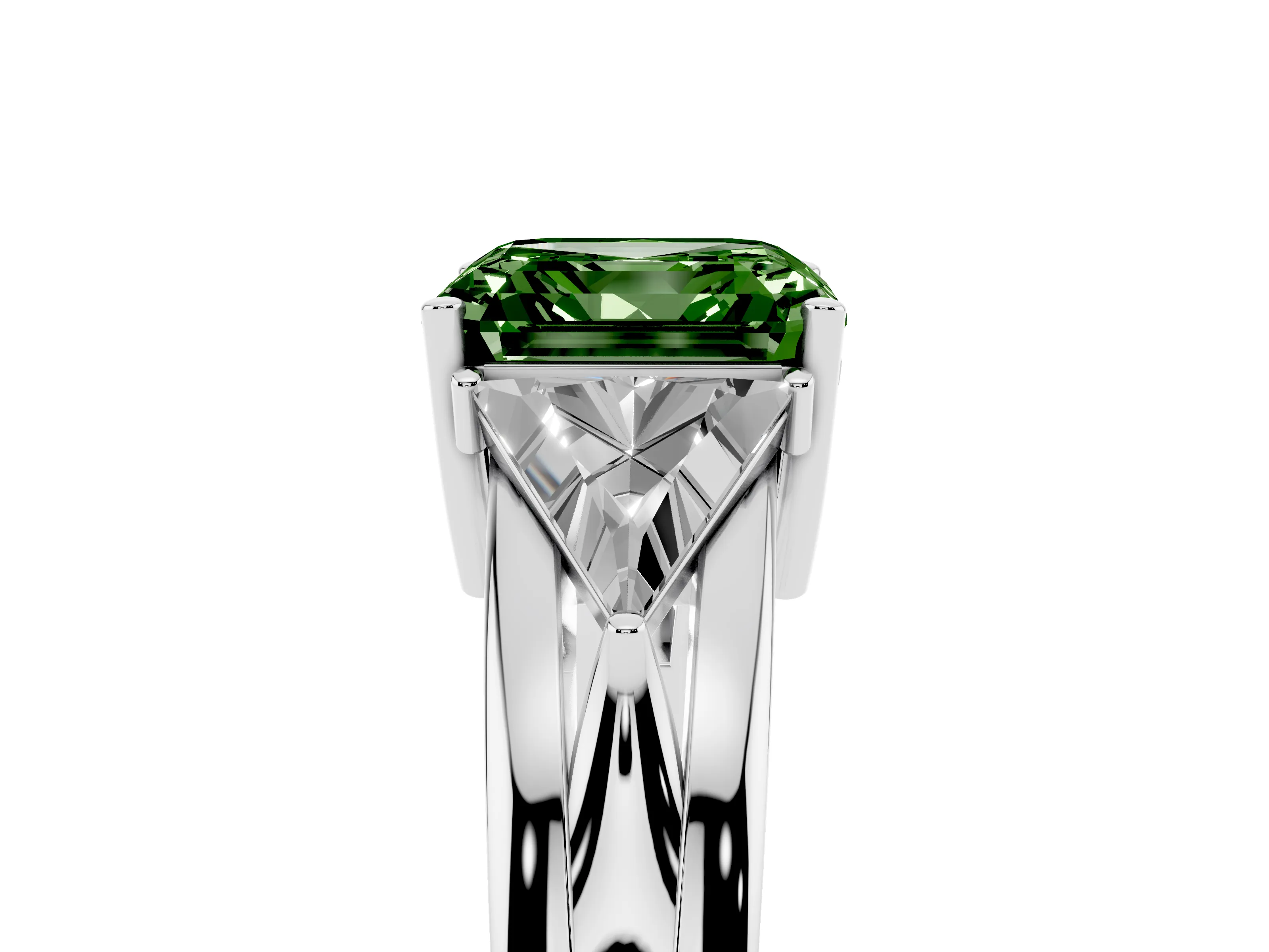 Fancy Green Asscher Cut Diamond Three-Stone Ring Set in White gold with Trillion Side Stones and Split Shank