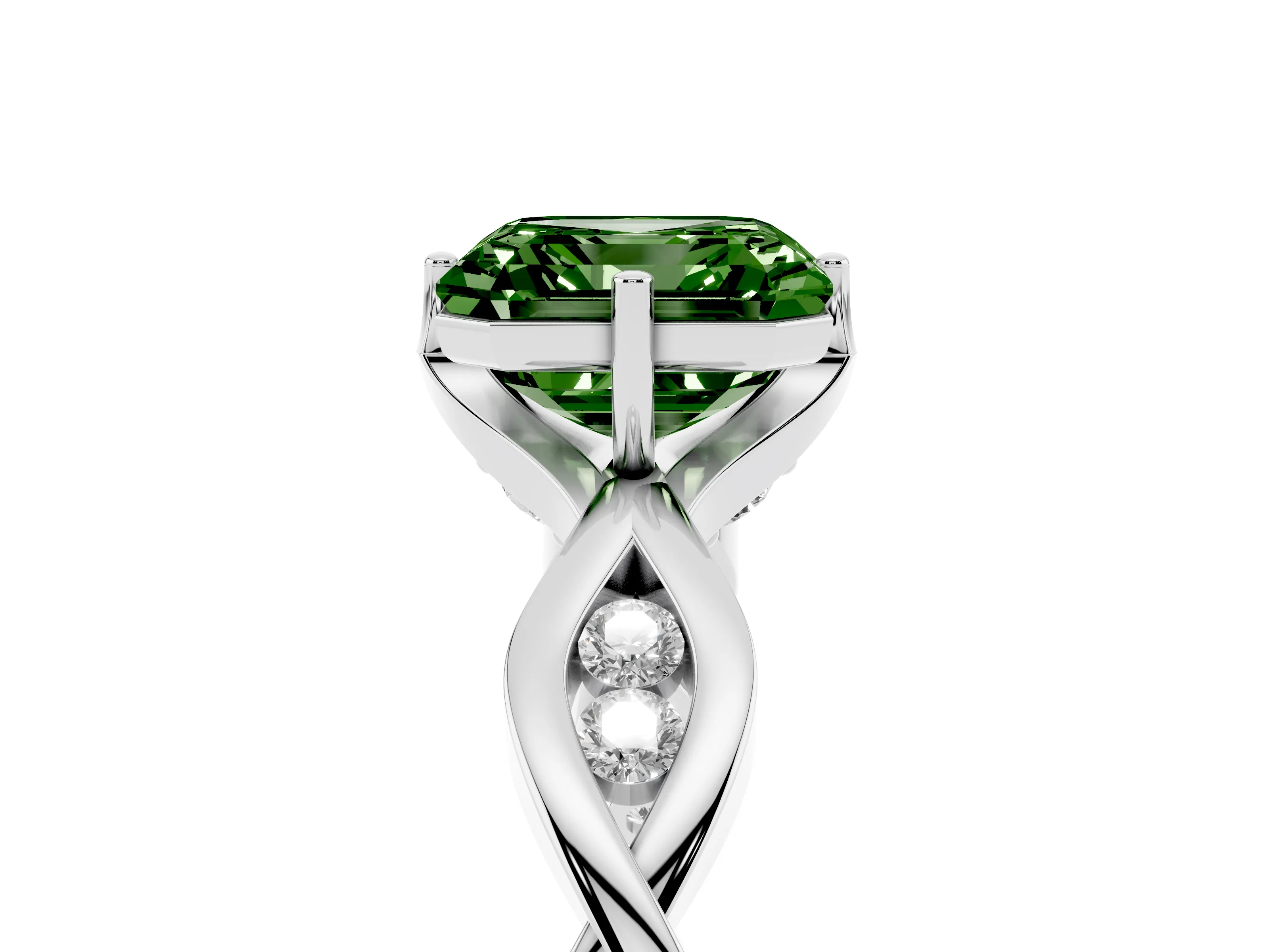 Fancy Green Asscher Cut Diamond Twist Band Solitaire Ring Set in Platinum with Leaf Prong Setting and Accent Stones