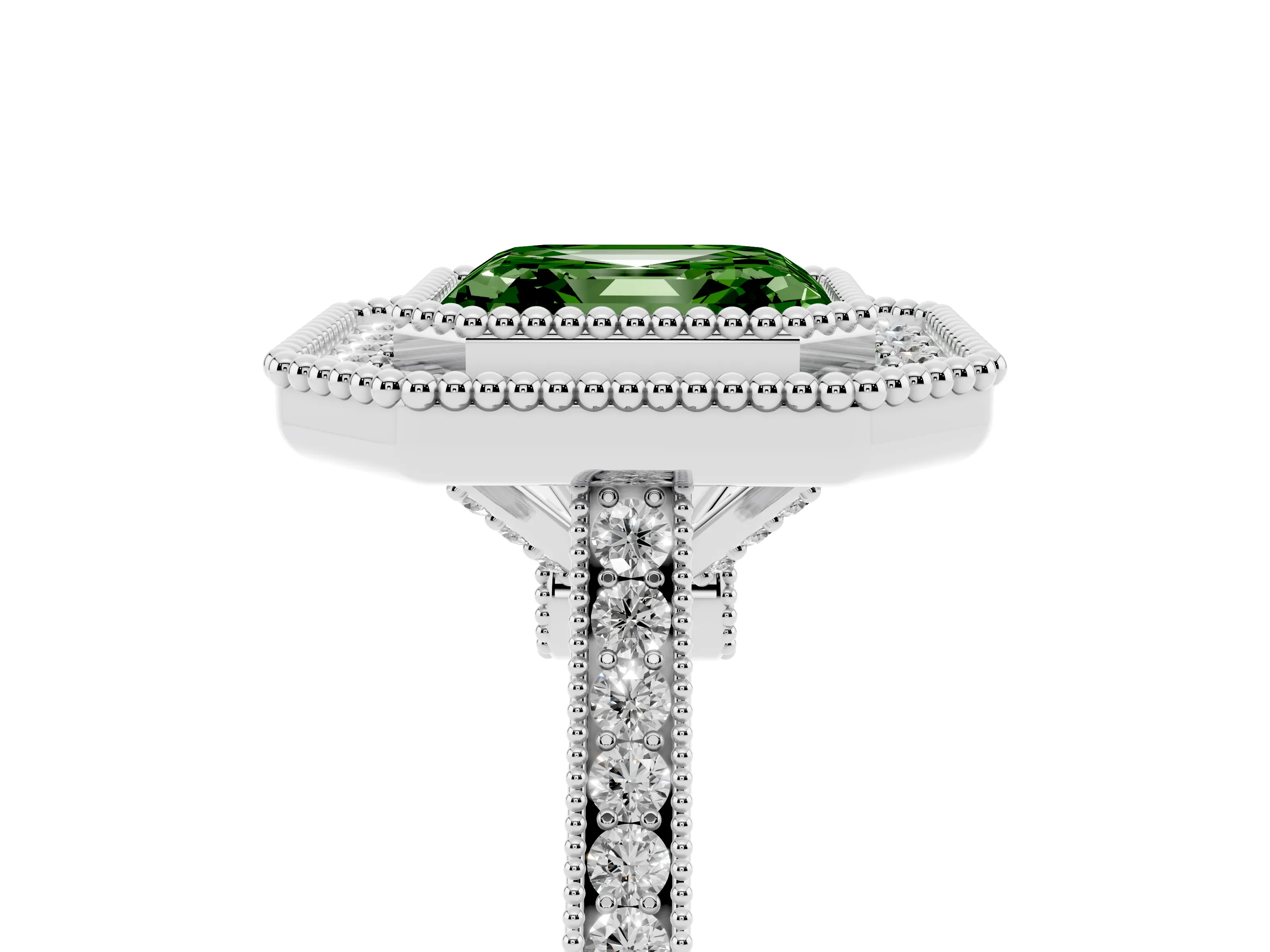 Fancy Green Asscher Cut Diamond Halo Ring Set in White gold with Milgrain Frame and Pavé Band