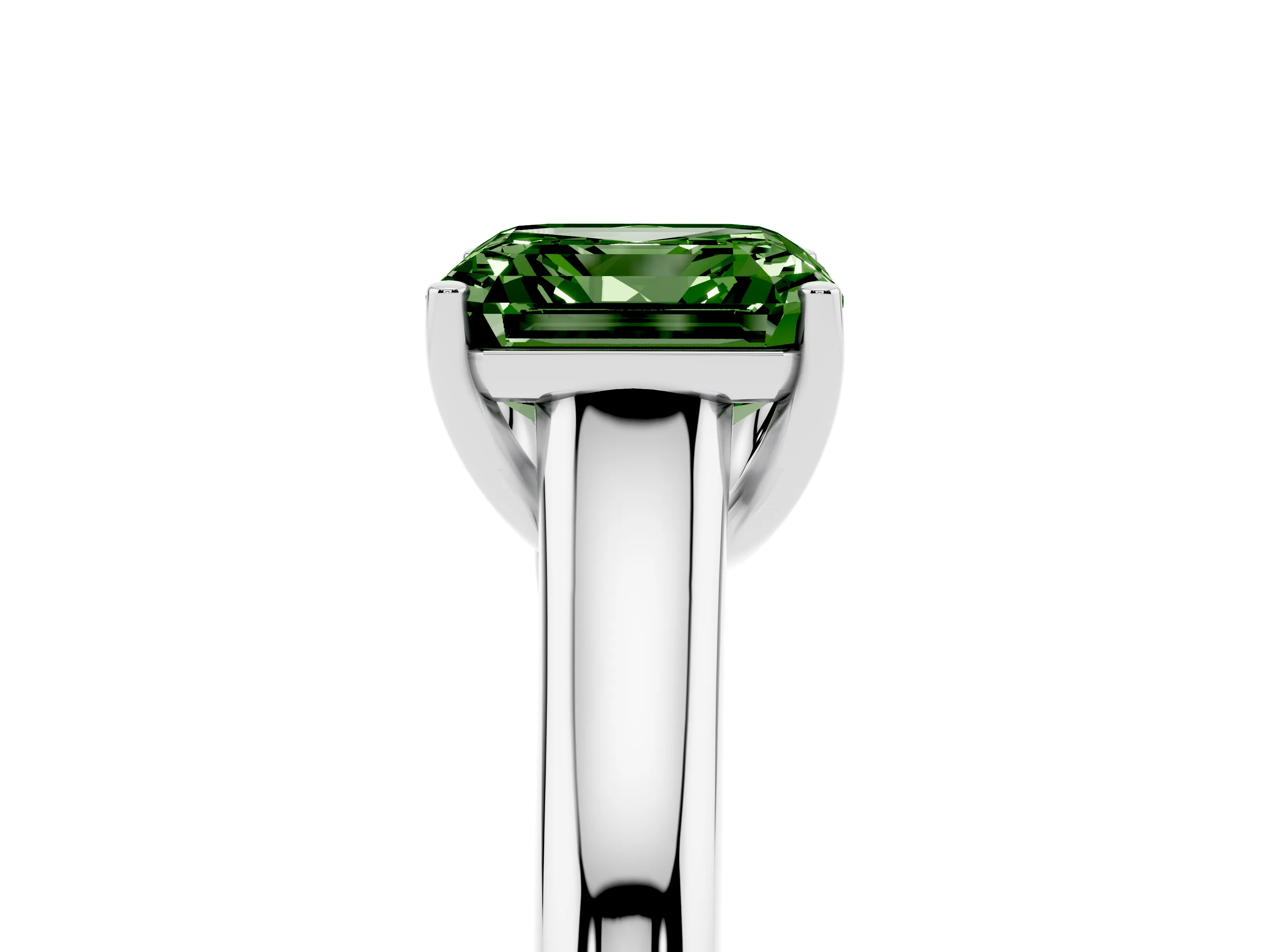 Fancy Green Asscher Cut Diamond Solitaire Engagement Ring Set in Platinum with Subtly Tapered Band and Prong Setting
