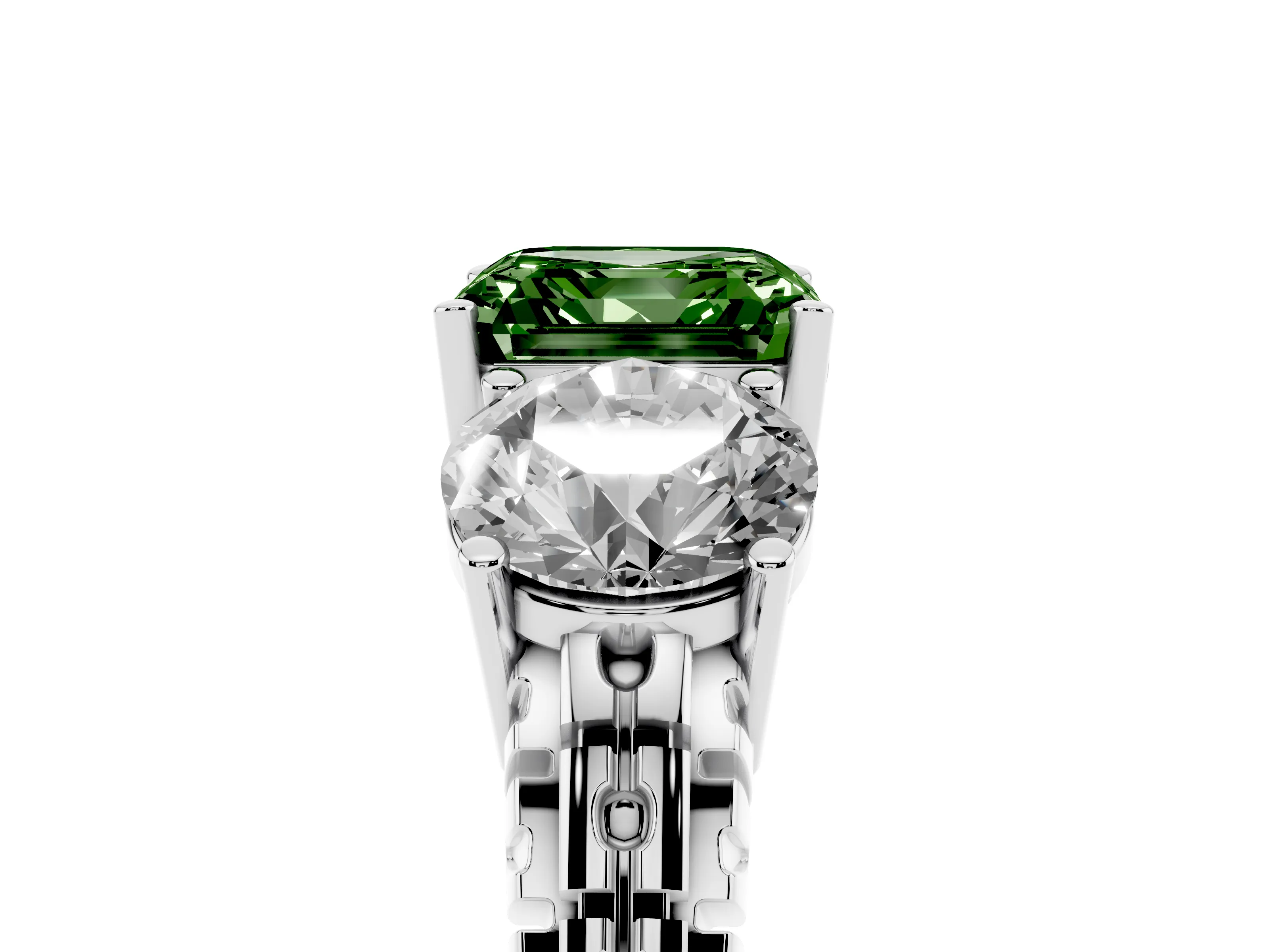Fancy Green Asscher Cut Diamond Three-Stone Ring Set in Platinum with Channel-Set Accent Band