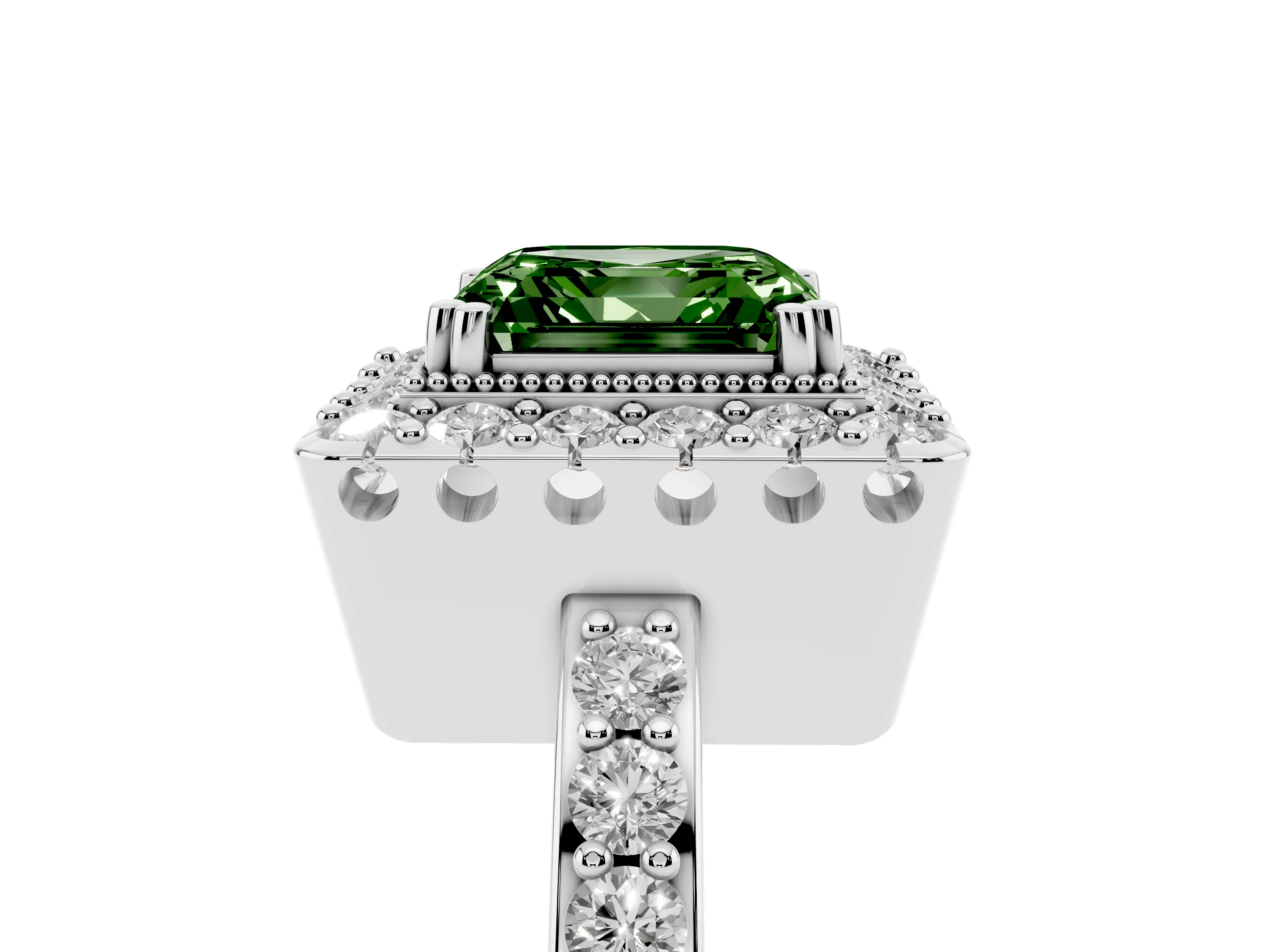 Fancy Green Asscher Cut Diamond Halo Ring Set in White gold with Pavé Shank and Prong Setting