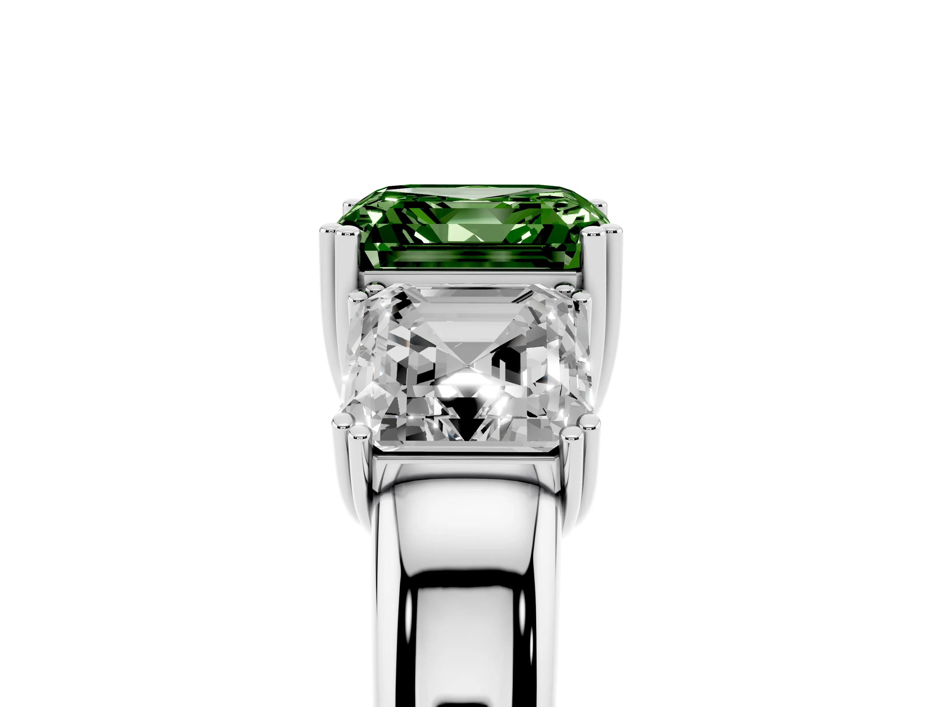 Fancy Green Asscher Cut Diamond Three-Stone Ring Set in Silver with Polished Band and Prong Setting