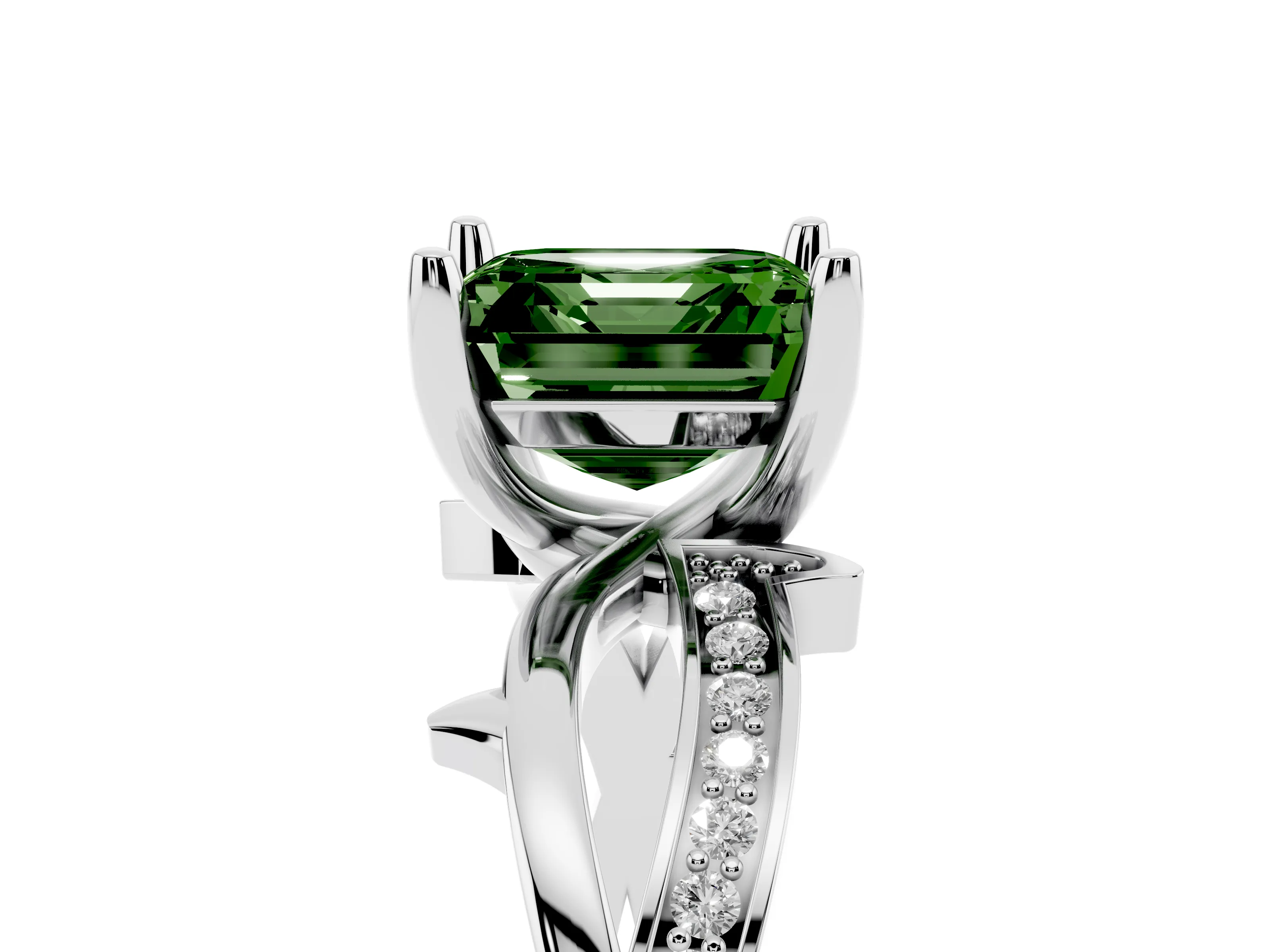 Fancy Green Asscher Cut Diamond Pavé Twist Band Solitaire Ring Set in Silver with Prong Setting