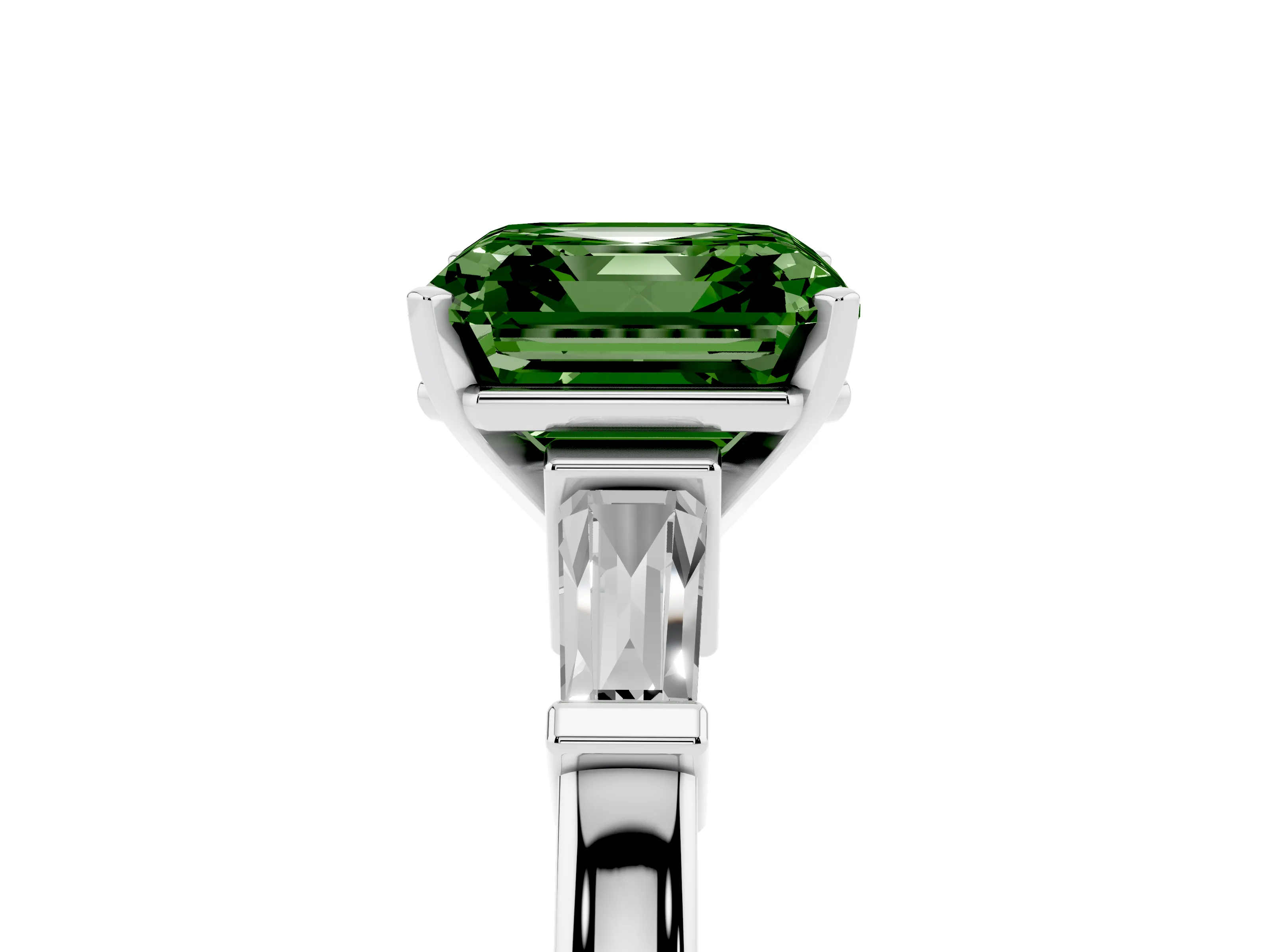 Fancy Green Asscher Cut Diamond Solitaire Ring Set in White gold with Tapered Baguette Accents and Prong Setting