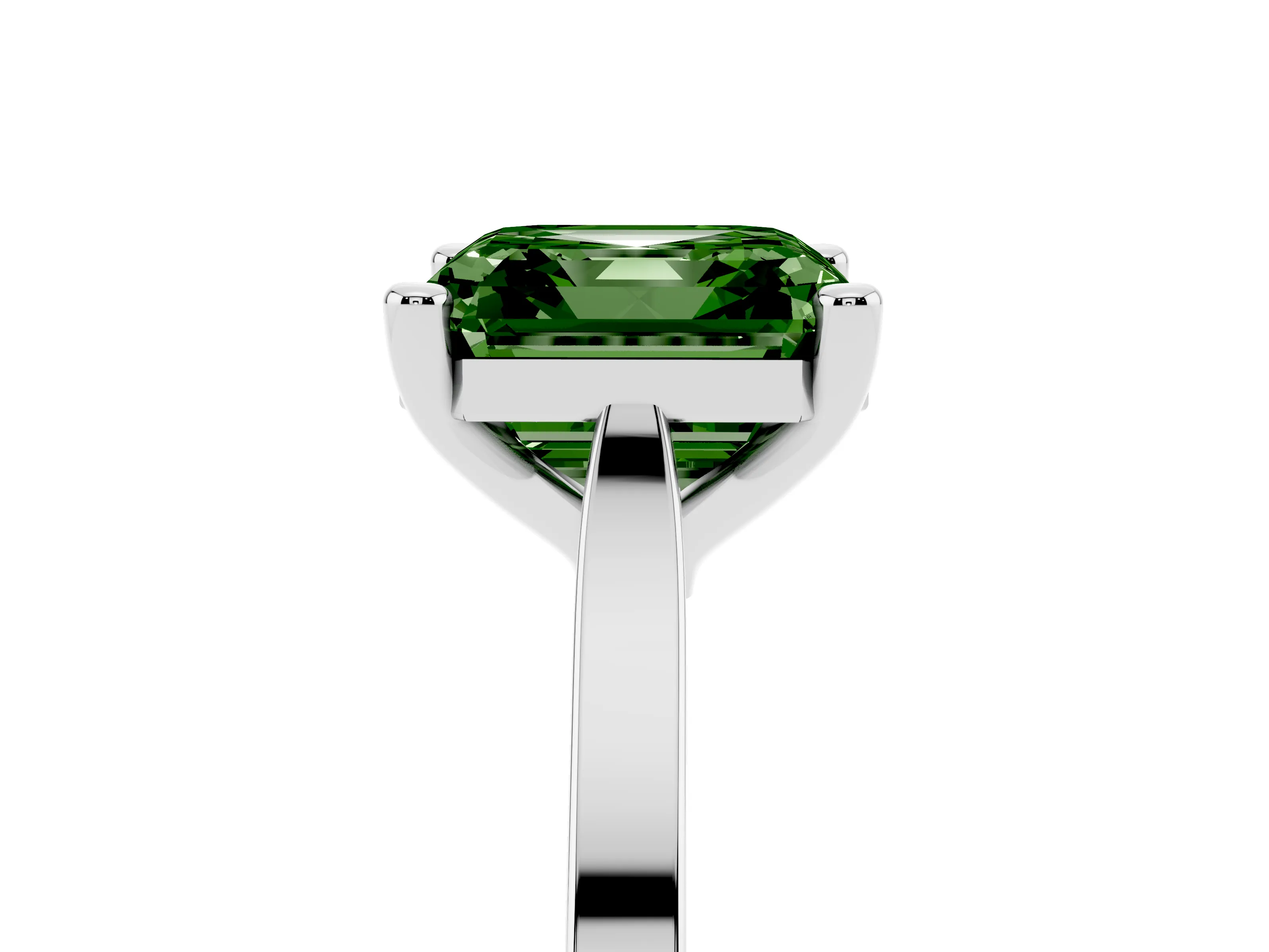 Fancy Green Asscher Cut Diamond Solitaire Ring Set in White gold with Prong Setting and Tapered Band