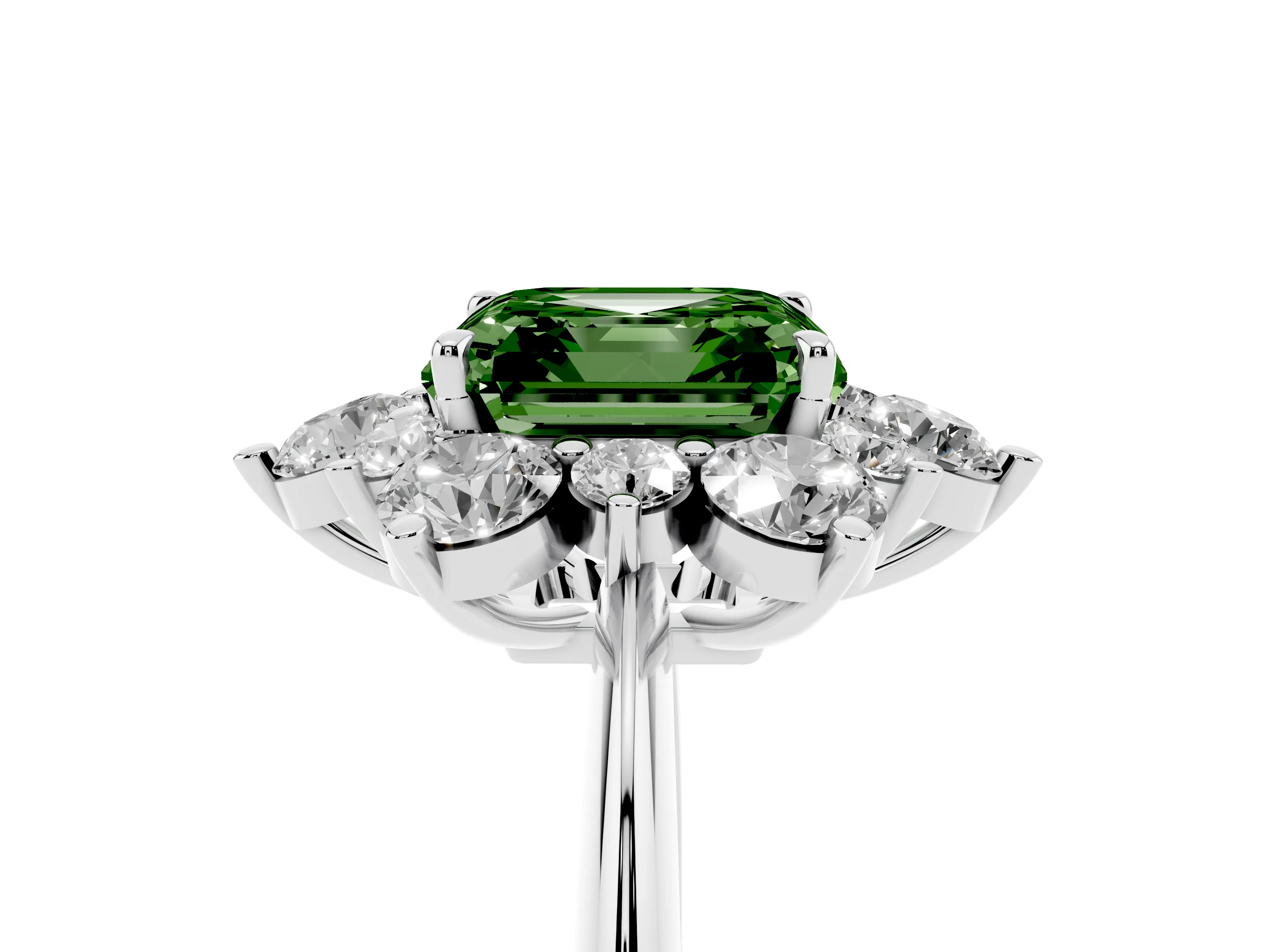 Fancy Green Asscher Cut Diamond Cluster Halo Ring Set in Silver with Solitaire Band and Prong Setting