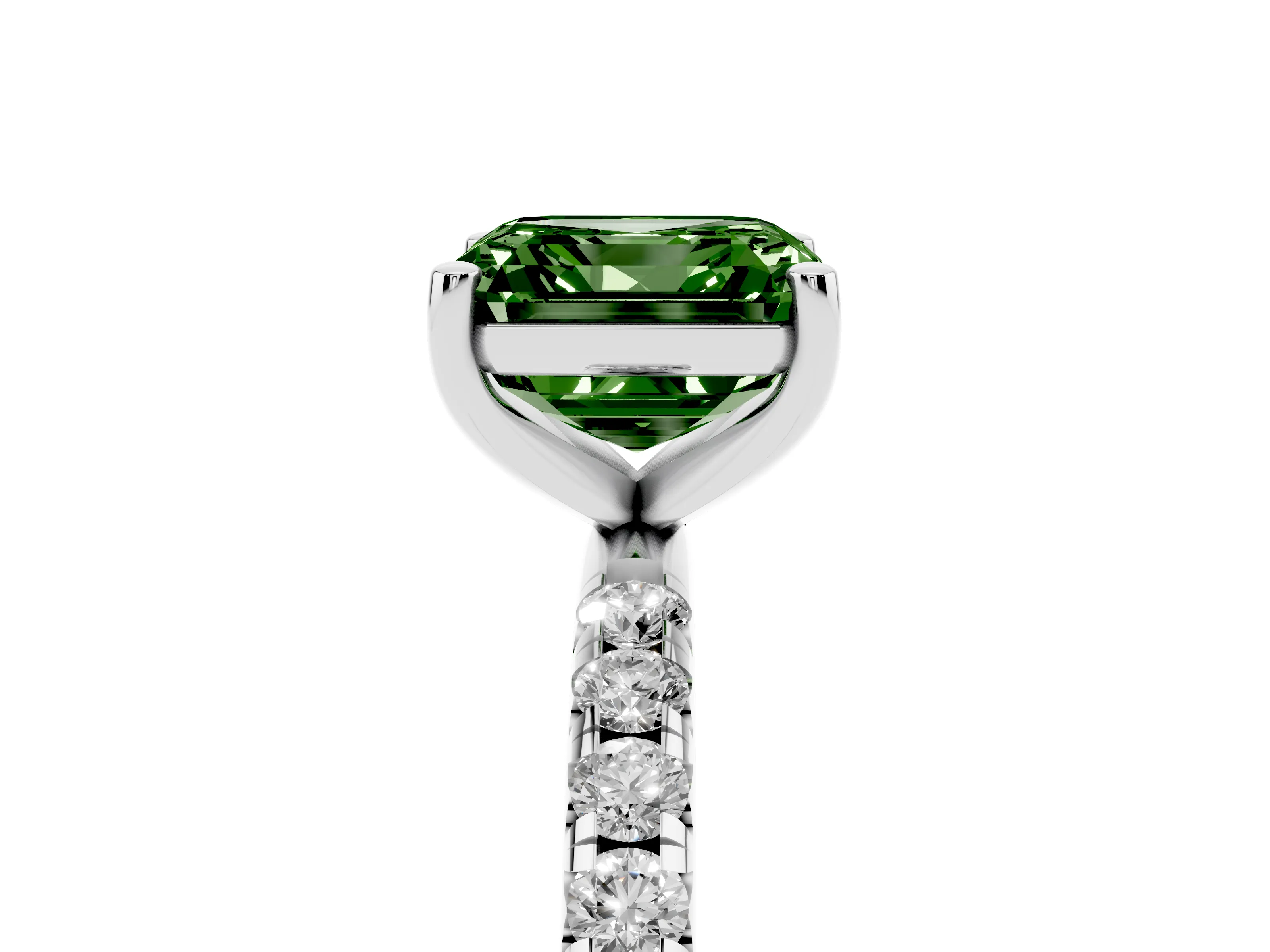 Fancy Green Asscher Cut Diamond Solitaire Ring Set in Platinum with Micro Pavé Band and Prong Setting